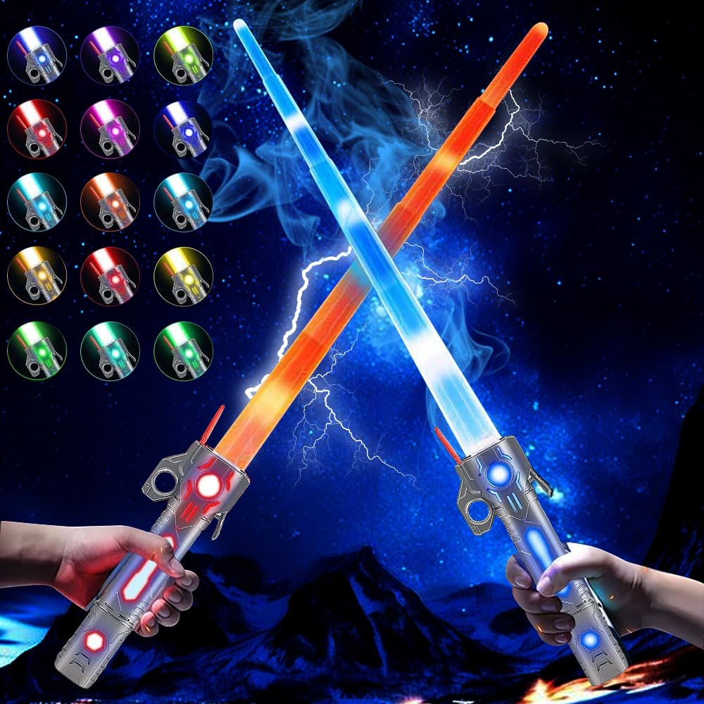 YANGUN2 Pcs Light Sabers for Kids, 2 in 1 Light up Saber, Rechargeable Light Sabers with 24 Colours and FX Sounds, Changeable Retractable Lightsaber Sword Toys for Halloween Fancy Dress Parties