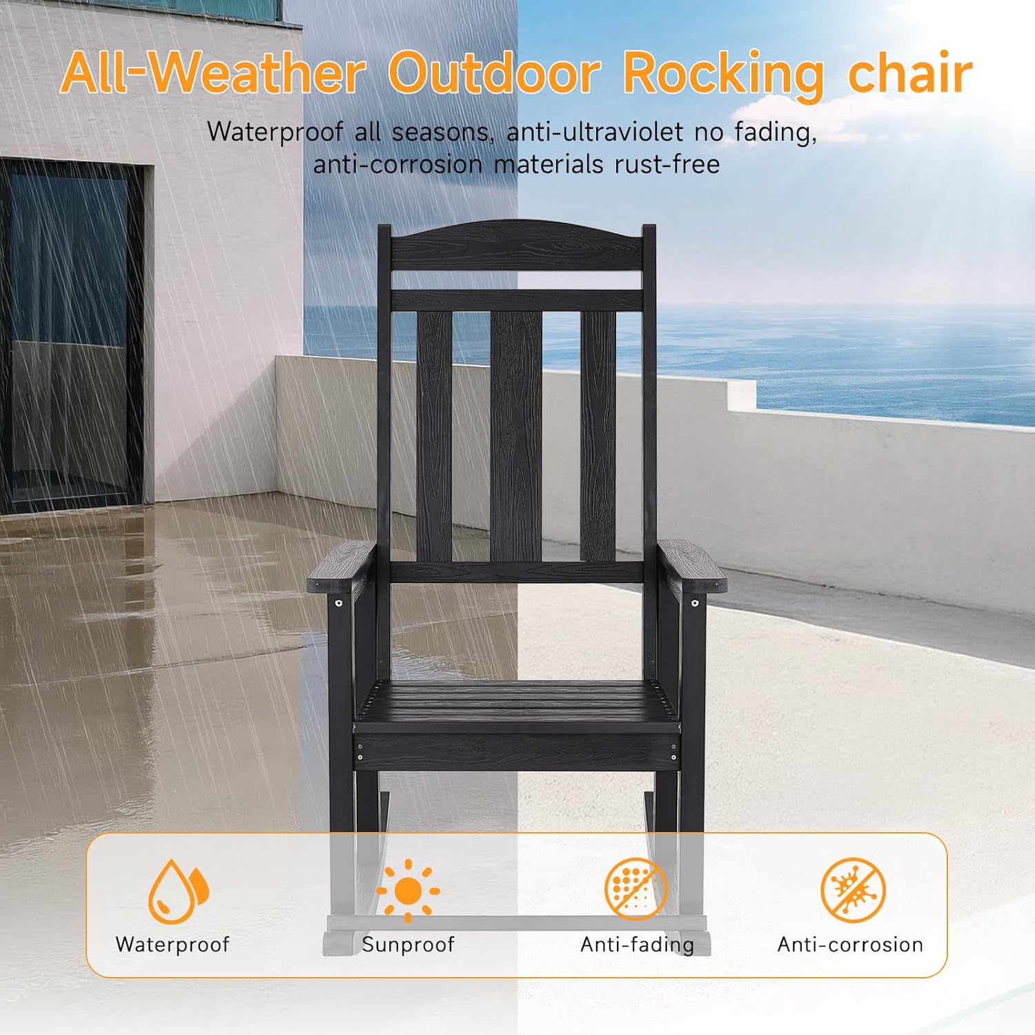 Outdoor Rocking Chair, Patio Rocking Chairs with High Back and Armrest, All Weather Oversized Porch Rocking Chairs 400 lbs Support, Black Rocking Chair with Headrest Footrest for Porch Backyard Garden