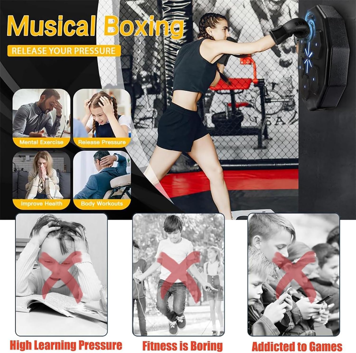 Inteligentna maszyna bokserska Bluetooth, montowany na ścianie, sprzęt fitness z muzyką i efektami świetlnymi, zawiera rękawice bokserskie do treningu w domu
