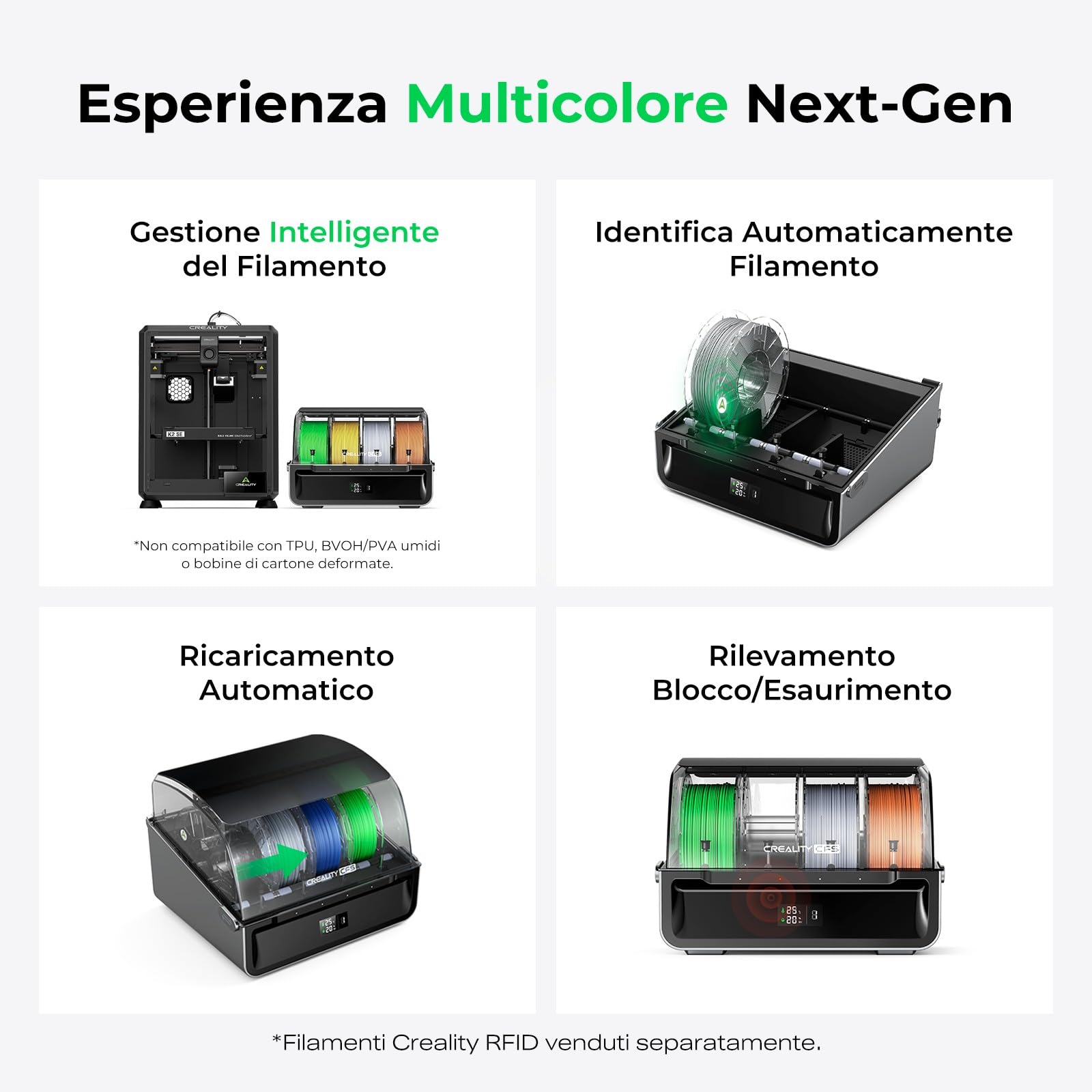 Creality K2 SE Combo Stampante 3D - Max Stampa 500mm/s, Leveling Automatico Totale, Stampa Multicolore con CFS, Telaio Metallo Solido, Estrusore Diretto, 220×215×245mm
