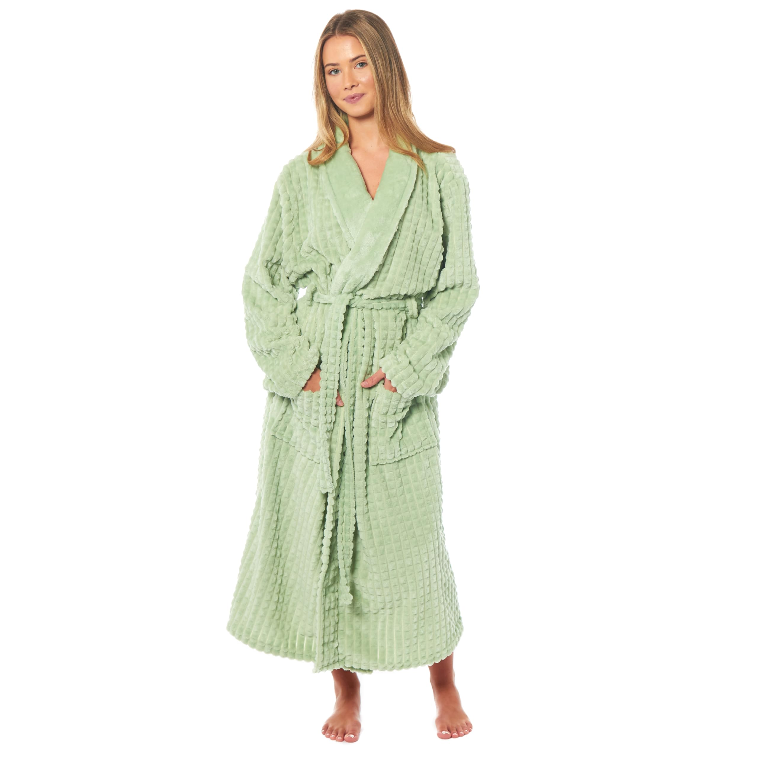 Daisy DreamerWomens Robes Luxury Fleece Soft Checked Design Warm Belted Dressing Gown Long Bathrobe Shawl Collar Pockets Loungewear Robe for Ladies
