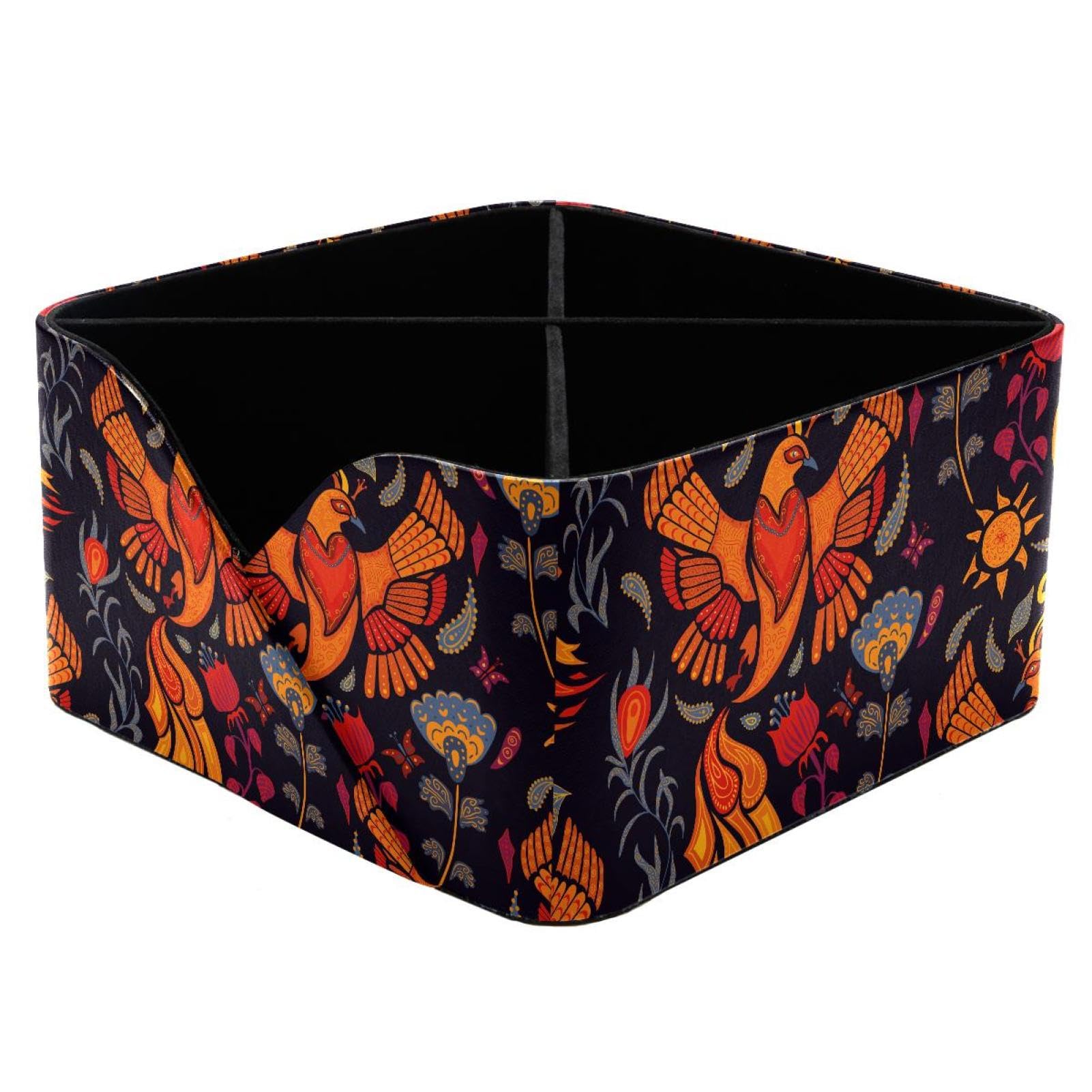 KengjuTesu Fantasy Orange Firebird and Blue Flowers Pattern Desktop Organizer Pen Holder, Rectangular Pencil Cup for Office, Study and Makeup Stations