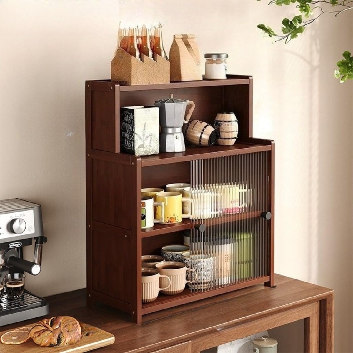 fancyfly木製デスクトップ収納キャビネット（ナチュラル・レトロ風） | カップ/ティーセット/コーヒーカップ収納 防塵機能 ア