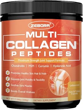 ZEBORA Multi-Collagen-with MSM & CS, Type I II III V X Hydrolyzed Collagen Peptides with Hyaluronic Acid & Vitamin C for Women and Men Hair, Skin, Nails & Joint, Non-GMO, 30 Servings