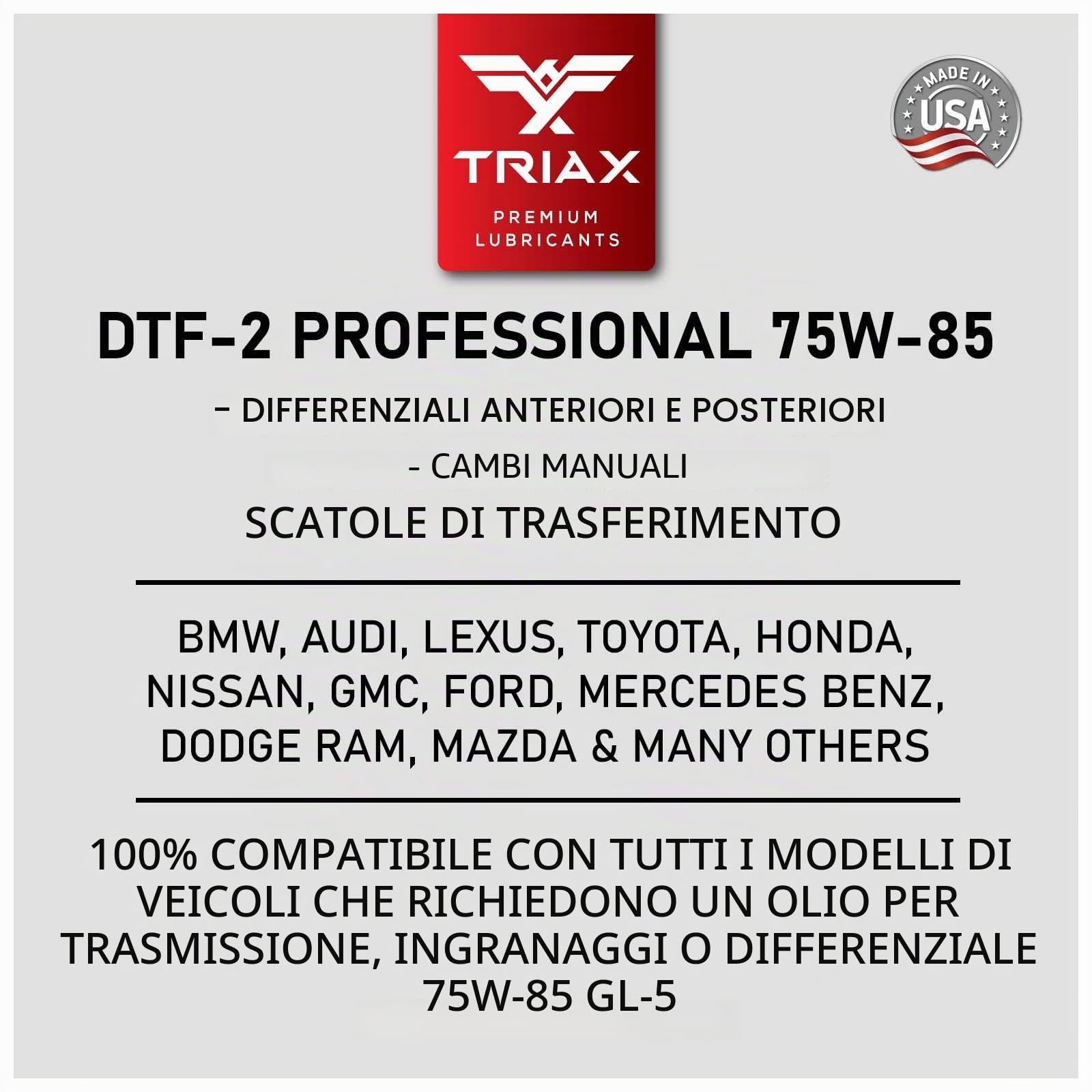TRIAX DTF-2 Professional SAE 75W-85 GL-5 – Olio Cambio Sintetico per Assali, Differenziali, Trasmissioni e Ingranaggi Ipoidi a Slittamento Limitato, Riempimento a Vita 2x0,946 L (2x1 quart)