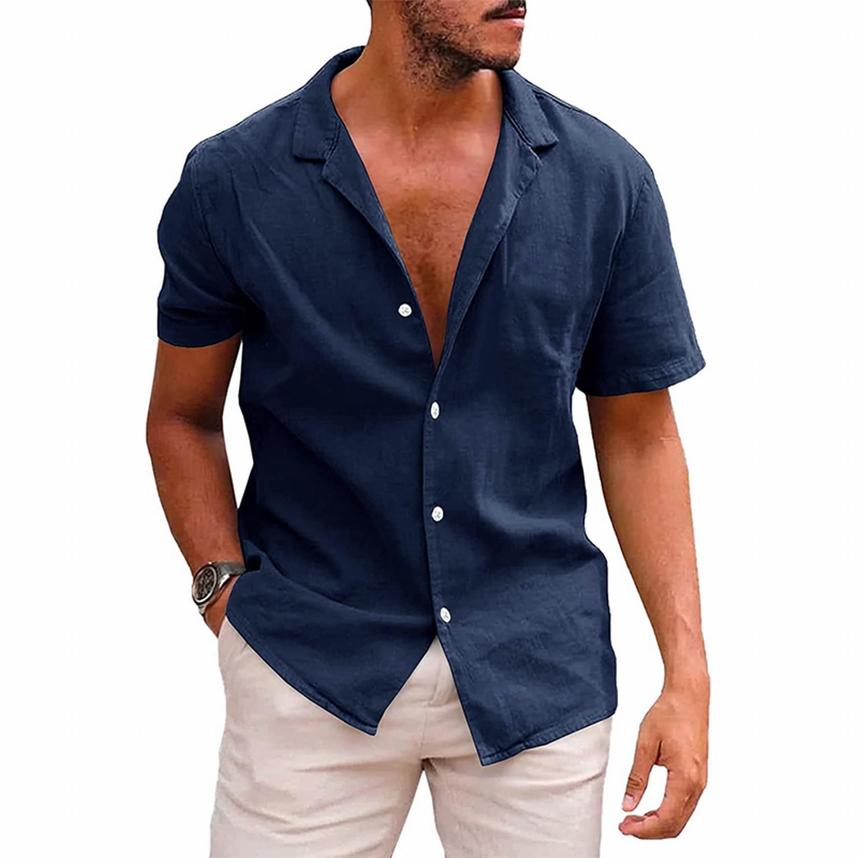 MSIYOW Camisa Lino Manga Corta Hombre Camisa de Verano Casual Shirt con Botones Camiseta Informal Ajuste Regular