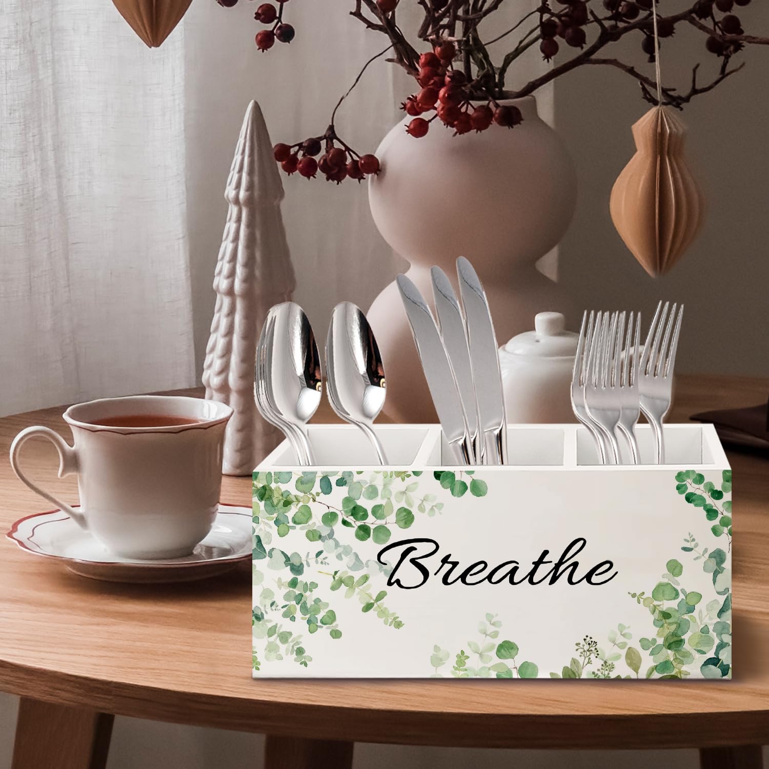 Portamatite in legno di eucalipto verde salvia per pennelli da trucco, organizer per bagno, portapenne in legno botanico verde per accessori da scrivania da ufficio