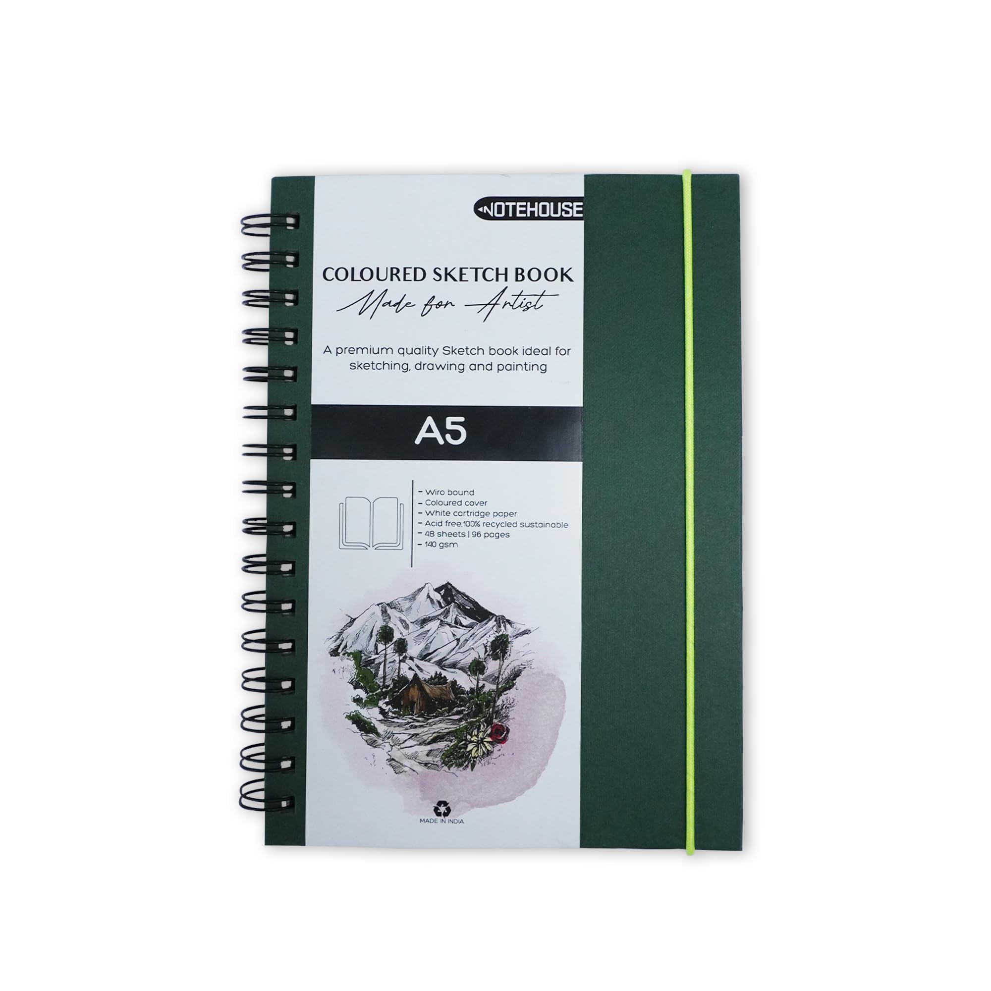 NOTEHOUSE A5 Sketchbook 140 GSM,96 Pages Spiral-Bound Drawing Notebook, Thick Professional-Grade Premium Acid-Free Unruled Smooth White Cartridge Paper Artbook for Artist Painting (Green,14x21cm) (B0D3QF3LVG) Amazon Price History, Amazon Price Tracker