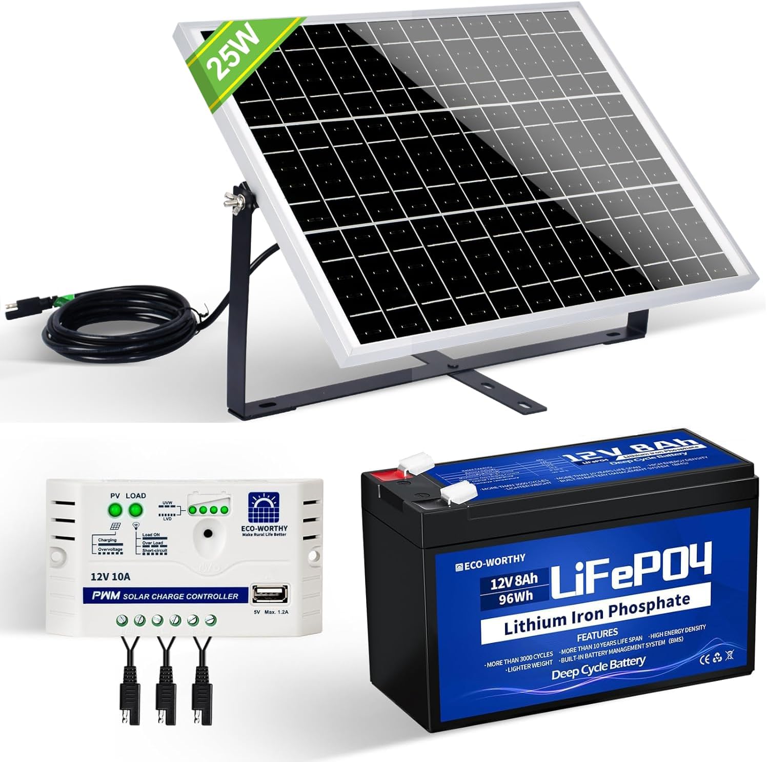 ECO-WORTHY Kit Panneau Solaire avec Batterie 25W 12V : Panneau Solaire 25W + Batterie Lithium 8Ah +...