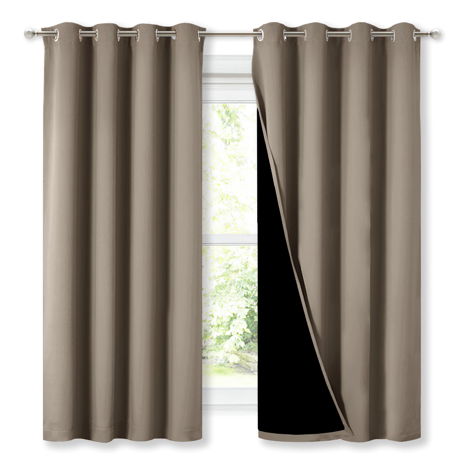 NICETOWN 100% Blackout Curtains with Black Liners, Thermal Insulated Full Blackout 2-Layer Lined Drapes, Energy Efficiency Window Draperies for Bedroom (Taupe, 2 Panels, 52-inch W by 63-inch L)