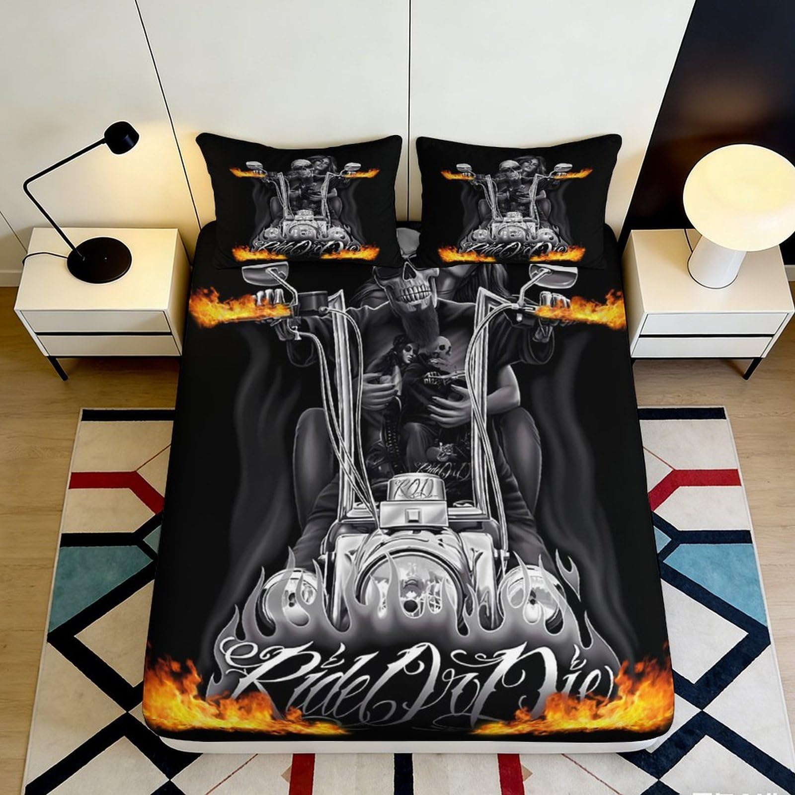 3D Printed Motorcycle Fire Fitted Sheet Microfiber Soft Black Flame Skull Mattress Cover Bedroom Decor 90x200x25cm