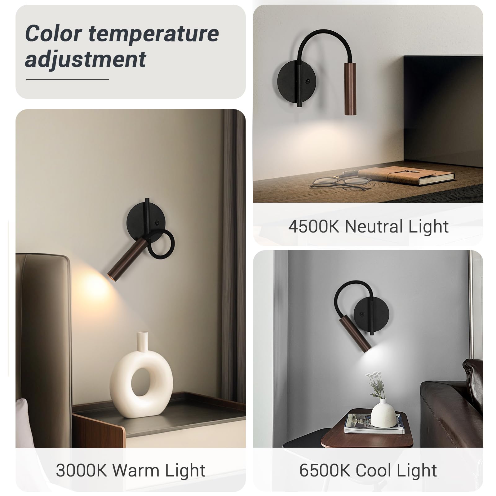 2 Stücke Leselampe Wandmontage, 3 Warmweiß Kaltweiß Neutralweiß | 360° Schwenkbar LED Wandleuchte Innen, Leselampe Wand, für Nachttisch,Café, Mit Schalter