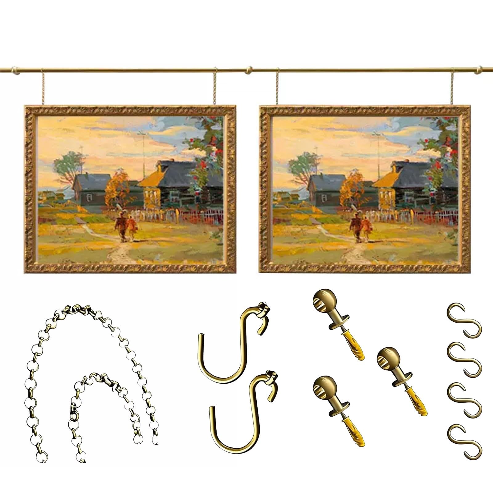Xxbbyubo Gallery Display Rod Vintage Brass, Art Picture Hanging System French Style, Adjustable Picture Hanging Rail Wire Kit, for Living Room, Art Museum(70cm Rod)