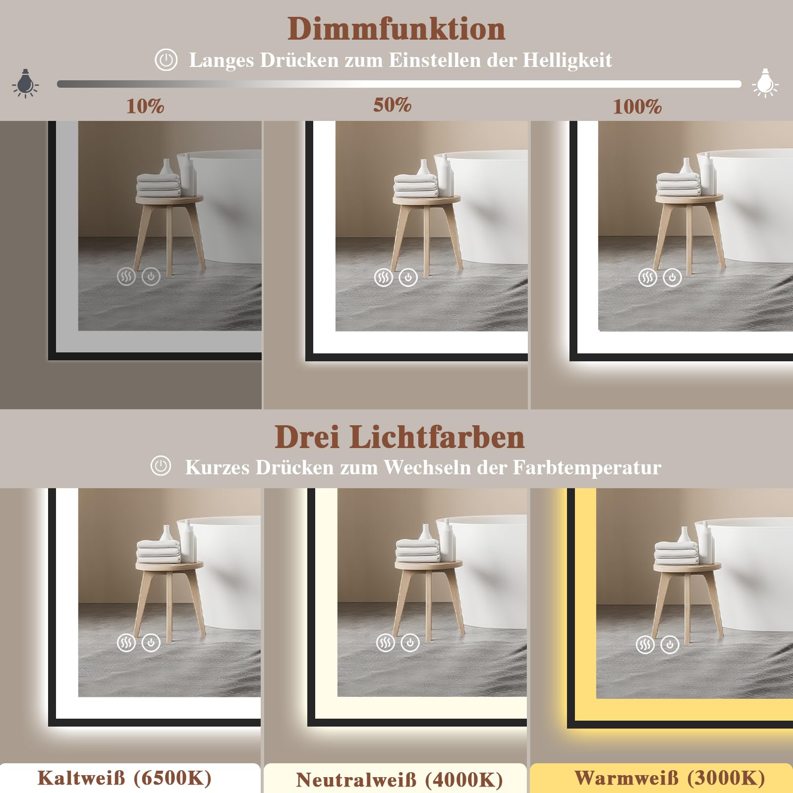 Badspiegel-mit-Beleuchtung 40x60 - Badezimmerspiegel LED Badezimmer Spiegel mit Beleuchtung - Beschlagfrei, Dimmbar, 3 Lichtfarben, Wandspiegel Led-Spiegel-Bad Schwarz Metallrahmen Horizontal/Vertikal