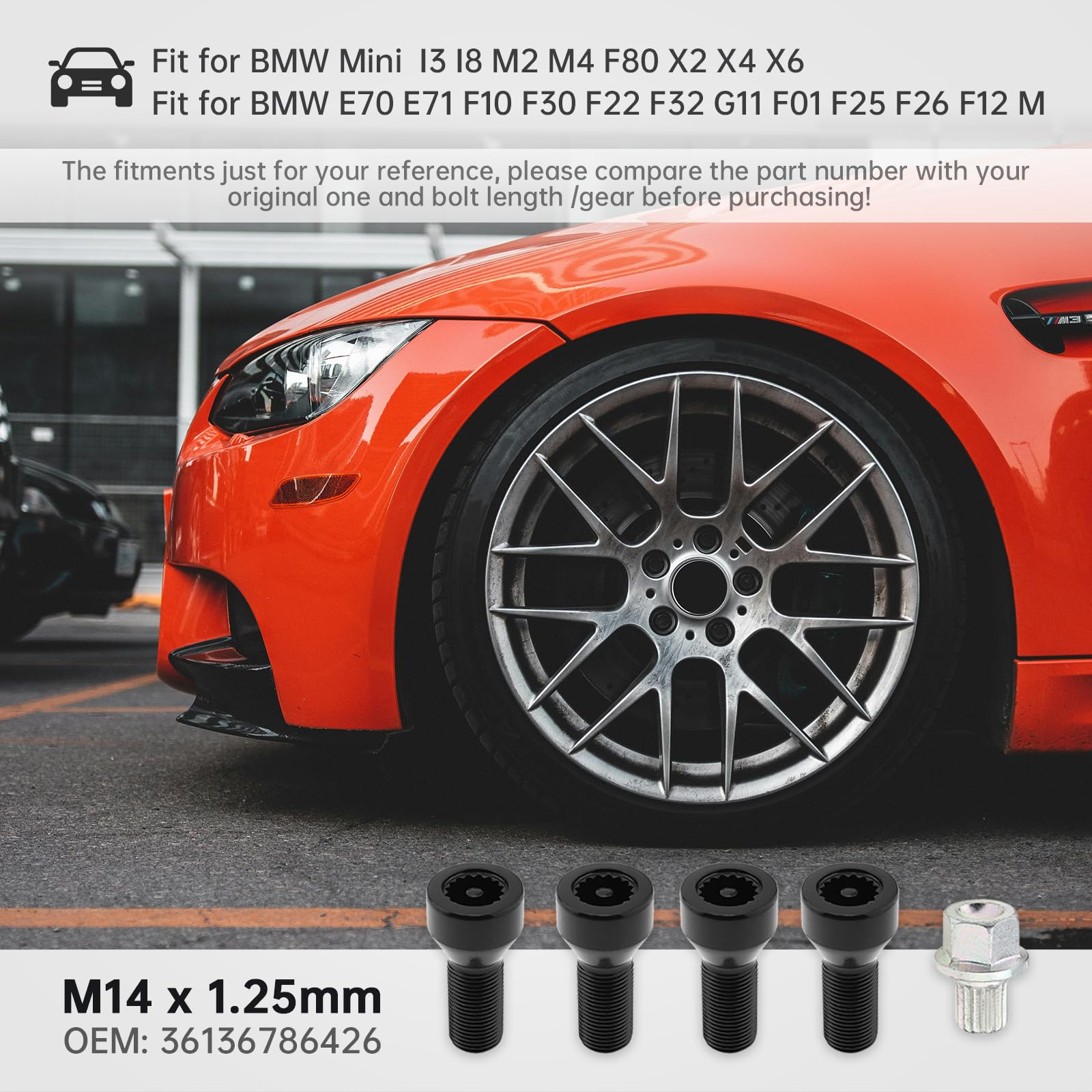 Lot de 5 écrous de roue 36136786191 M14 x 1,25 mm pour BMW Mini, I3 I8 M2 M4 F80 X2 X4 X6 avec clé principale, boulons antivol noirs