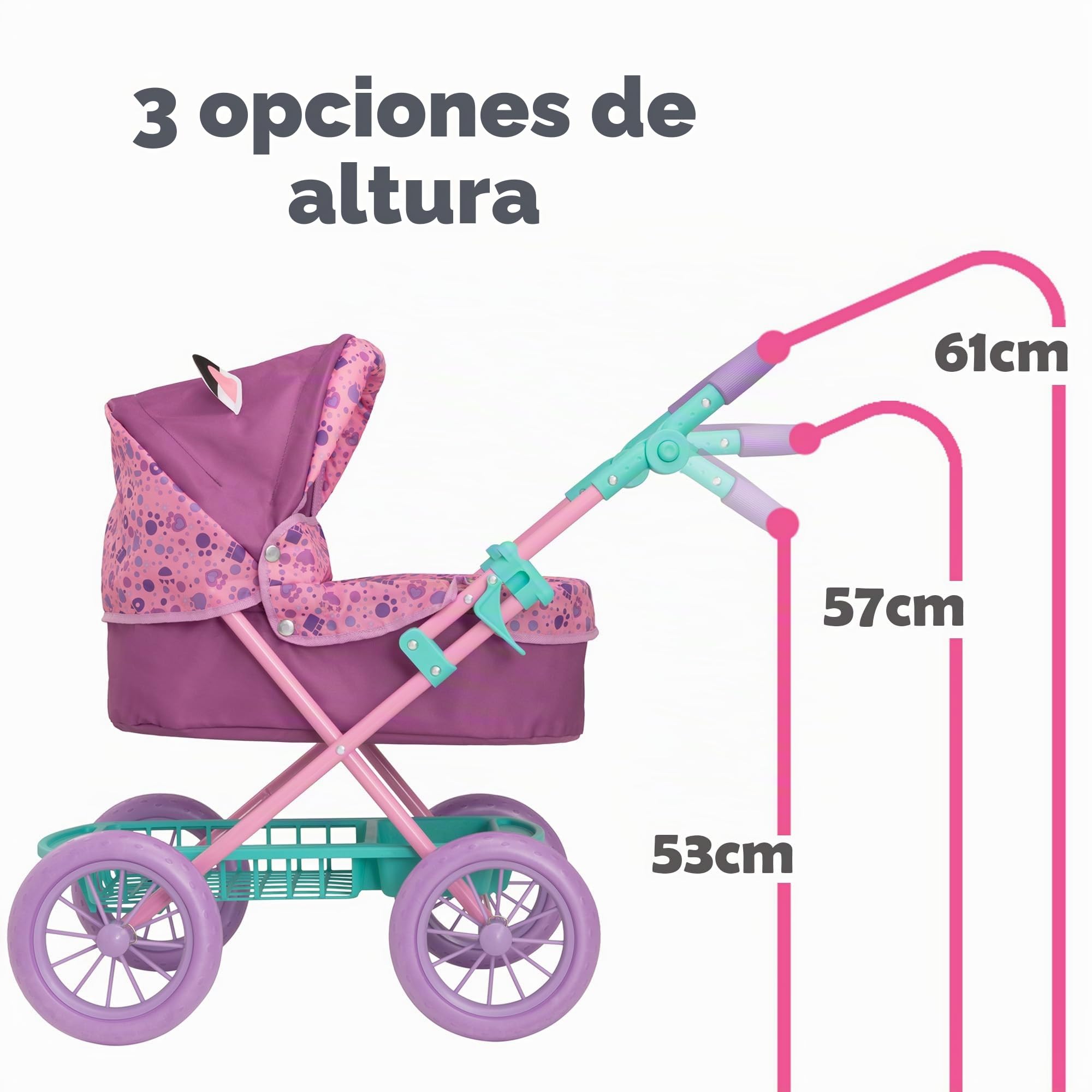 HTI Cochecito Roamer Junior de la casa de muñecas de Gabby | Cochecito De Muñecas con Handel Regulable En Altura | Cochecito Plegable para muñecas, Almacenamiento Debajo del Asiento, Delantal