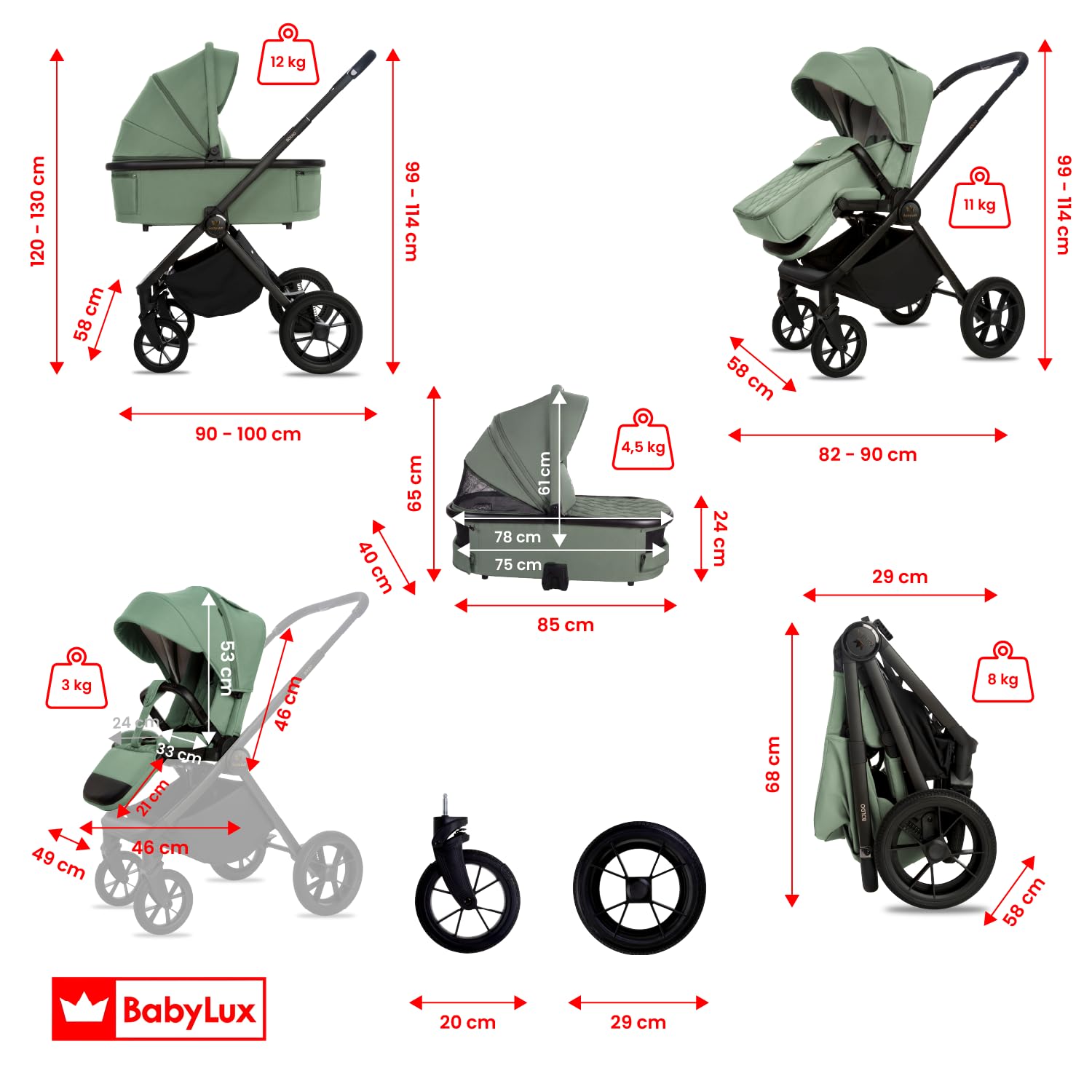 BabyLux® Poussette 2en1 BOLDO, Pliable Set De Poussettes Combinées Légères