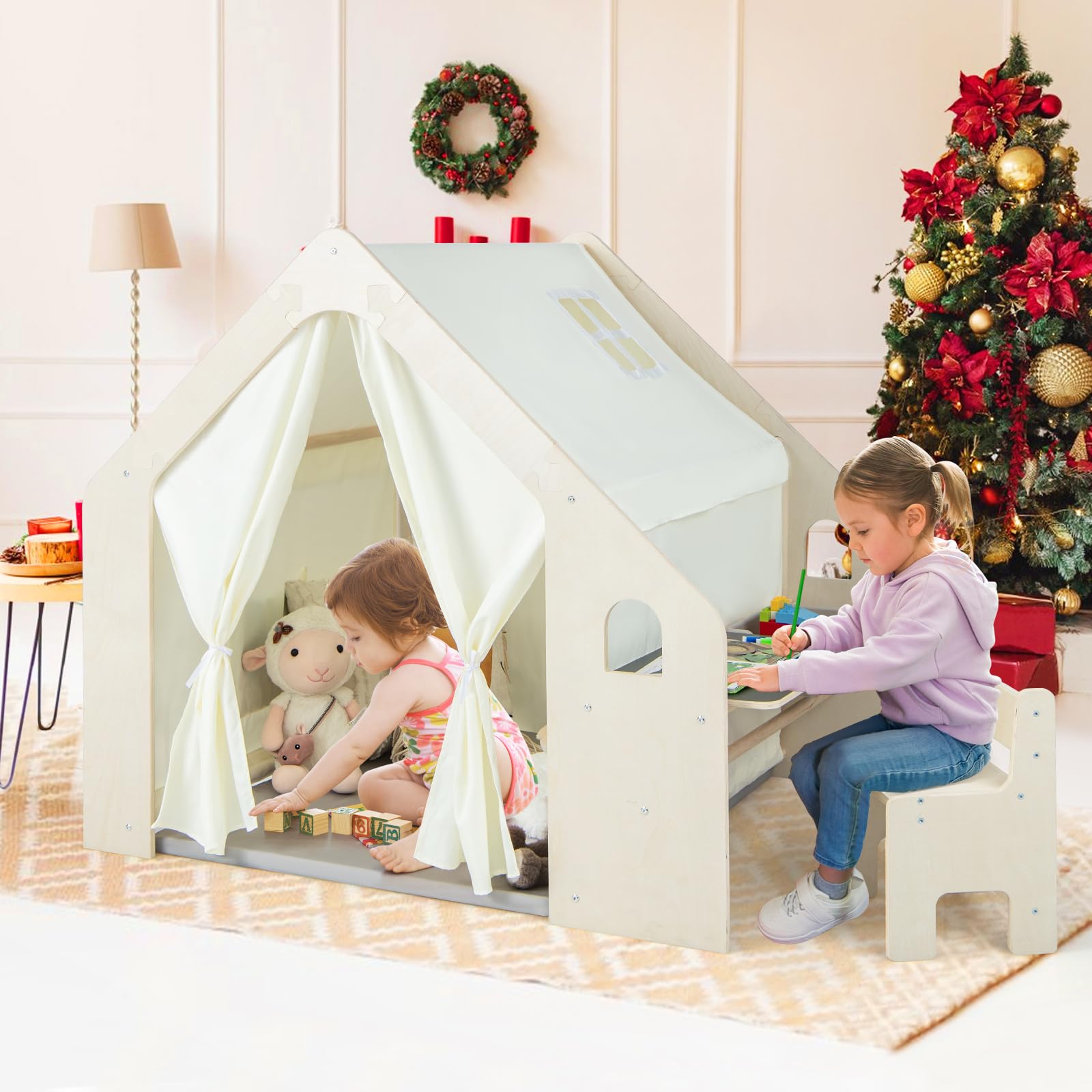 GOPLUS 6 in 1 Kinderzelt, Spielzelt Holz mit Schreibtisch, Stuhl & doppelseitige Tafel, Spielhaus Montessori mit Stauraum, Matte & Vorhänge, Holzspielzelt Indoor für Kinder von 2-6 Jahren (Klein)