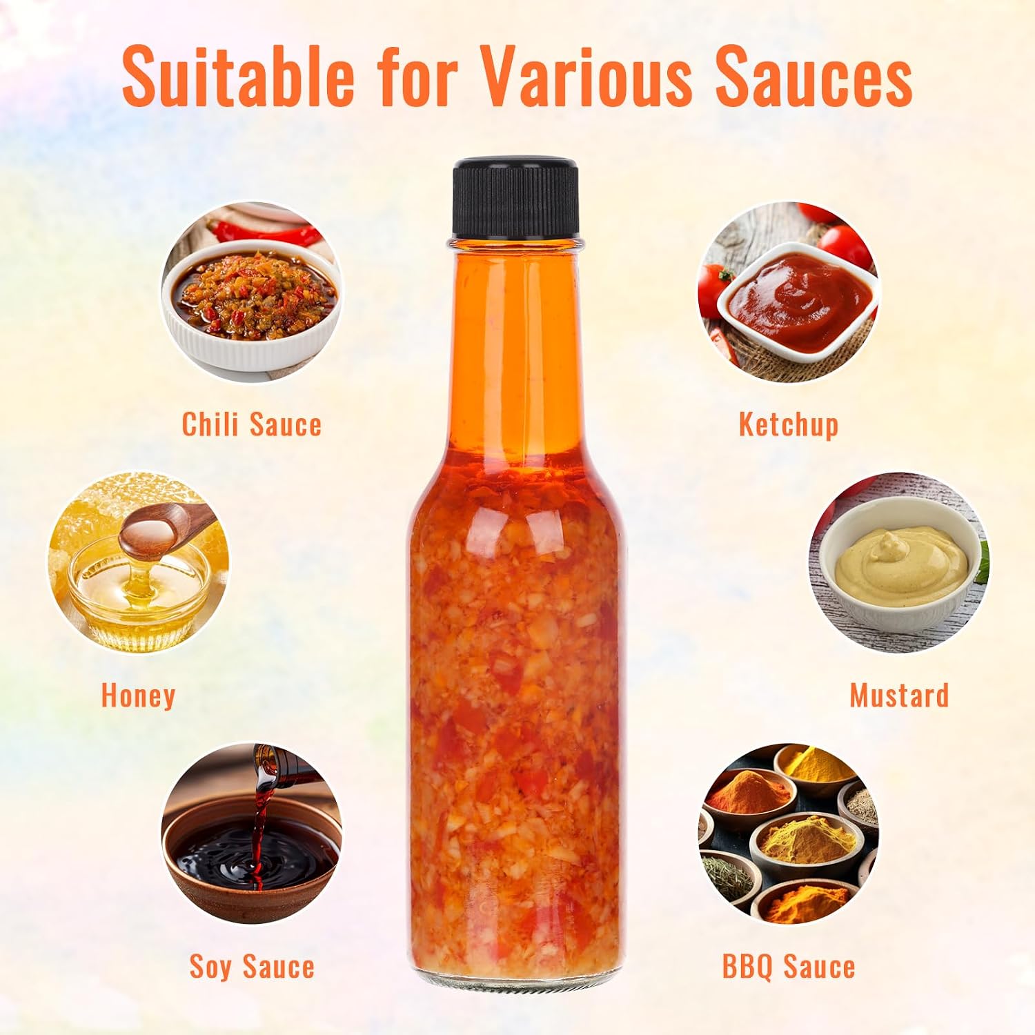 35 Pack 5 oz Hot Sauce Bottles, Clear Glass Woozy Bottle with Shrink Capsules, Empty Small Wine Bottle with Leak Proof Screw Cap, Dripper Inserts for Homemade Sauces, Oils, Dressing