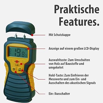 Brennenstuhl Feuchtigkeits-Detector MD (Feuchtigkeitsmessgerät/Feuchtigkeitsmesser für Holz oder Baustoffe Holzfeuchtemessgerät mit LCD-Display)