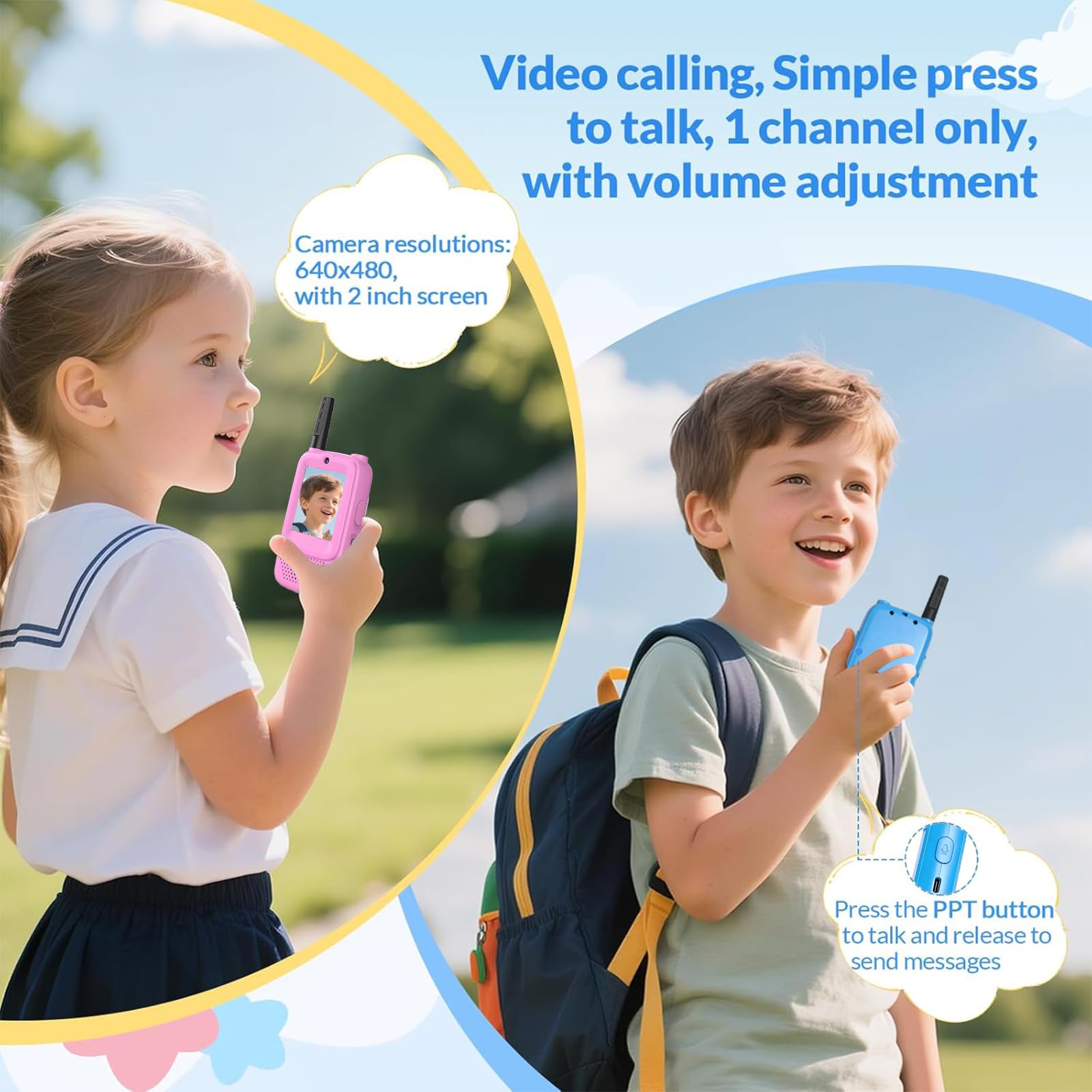 Talkies-Walkies Vidéo pour Enfants, Lot de 2, Rechargeables, à Double Caméra, Appairage Un à Un, Portée de 500m, Cadeaux Parfaits pour garçons et Filles de 3 à 12 Ans (Bleu/Rose)