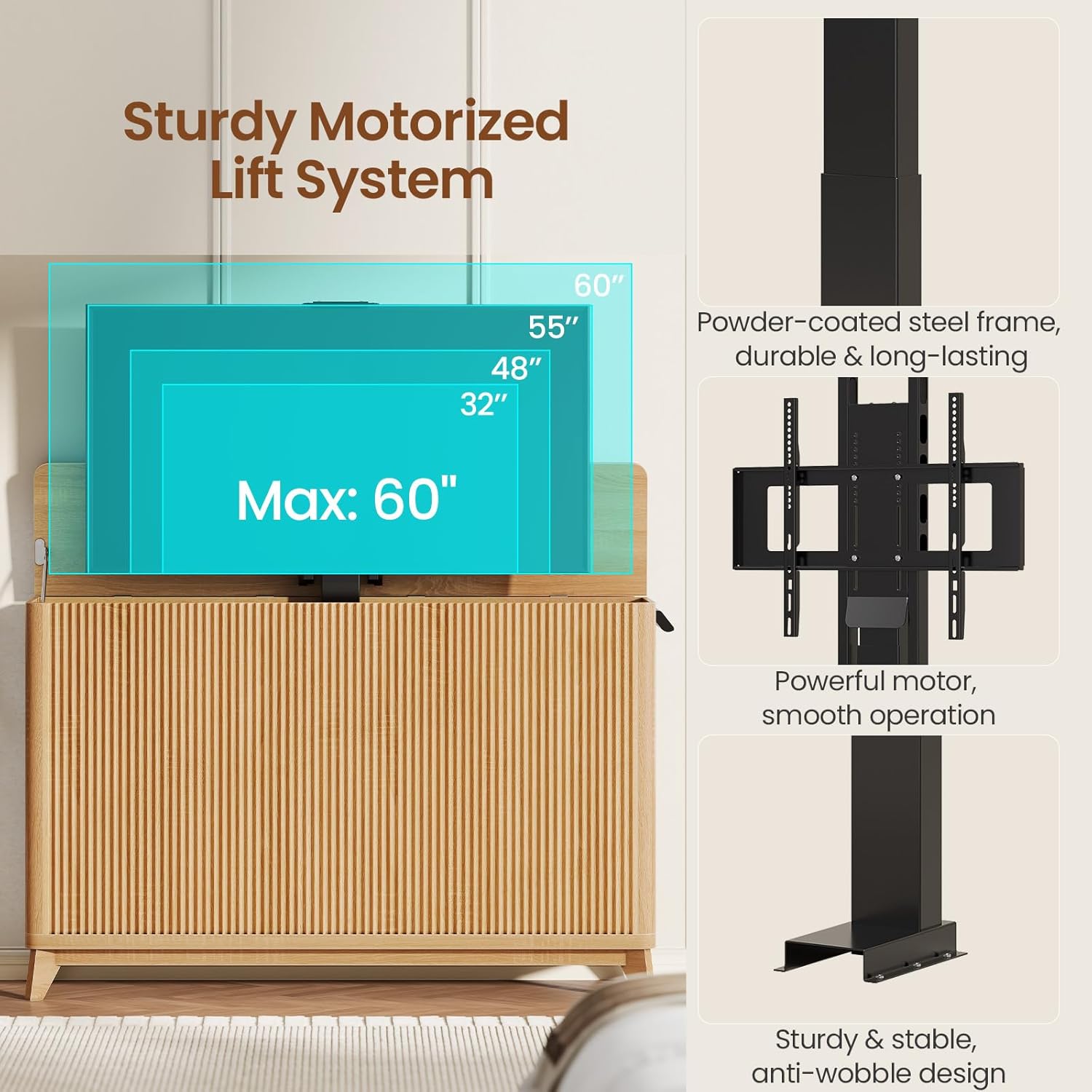 Itaar Motorized TV Lift Cabinet for 32-60 Inch TVs, Modern Fluted Electric TV Lift Stand with 2 Memory Heights, Built-in Outlets & USB Ports, Ultra-Quiet Lift System, Indoor & Outdoor Use, Oak