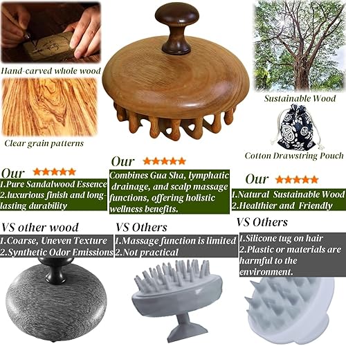 Miniatura 4 de Cepillo de cuero cabelludo de sándalo natural  Masajeador de cabeza de madera para relajación  Herramienta portátil para el cuidado del cuerpo con