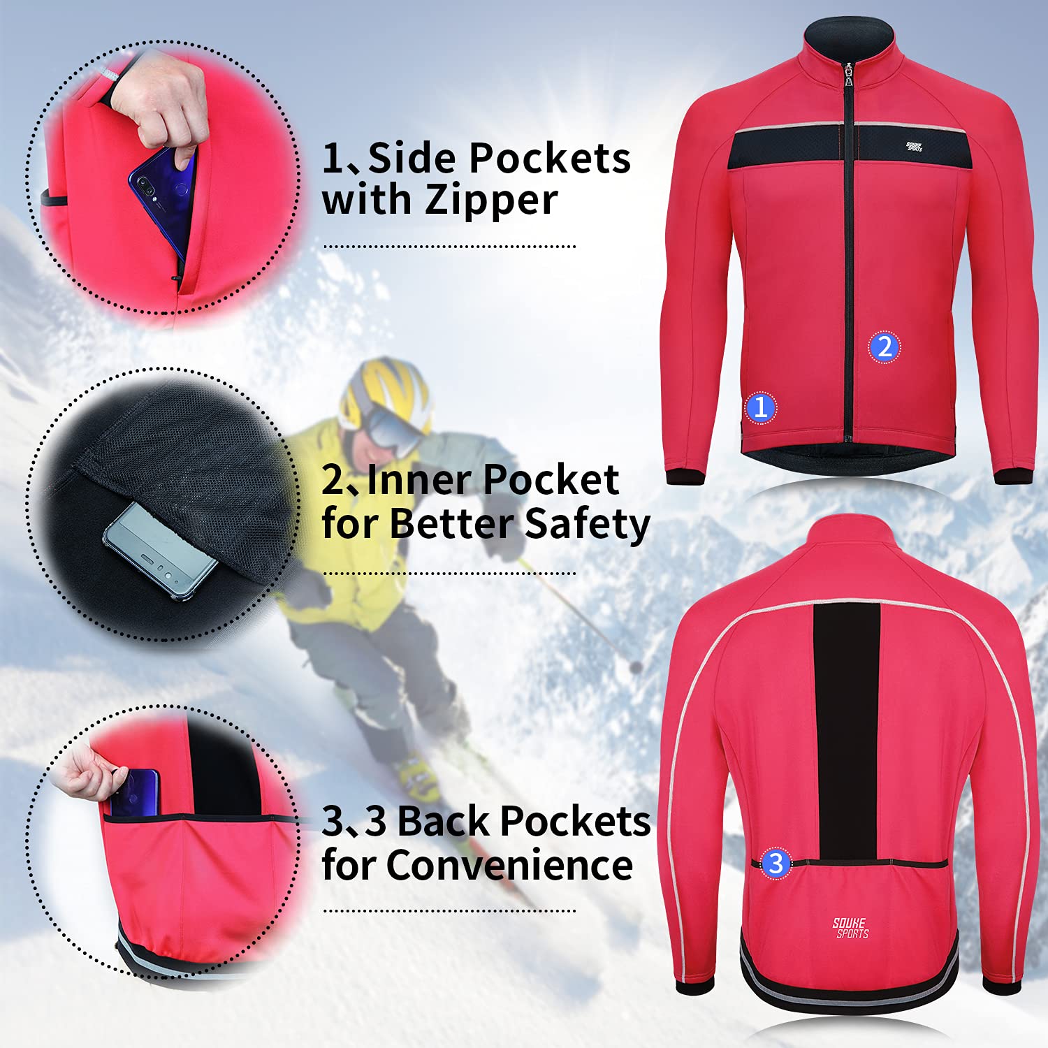 Souke Sports Veste de Cyclisme Coupe-Vent Thermique Imperméable Manche Longue pour Homme avec Matériaux Réfléchissants pour Cyclisme à Randonné, Course à Pied