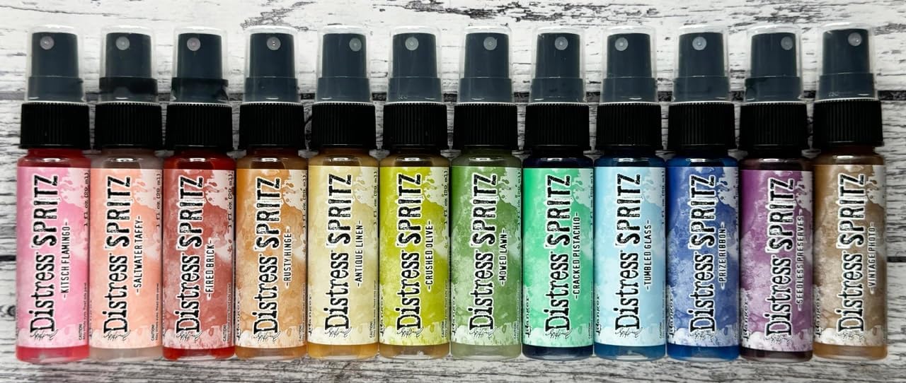 Ranger Ink Tim Holtz Distress Spritz Sprays, Set #2, October 2024 Release, 12 1-oz Bottles, Shimmery Colors including Vintage Photo, Cracked Pistachio, Fired Brick, Mowed Lawn + Carnora Amber Bottle