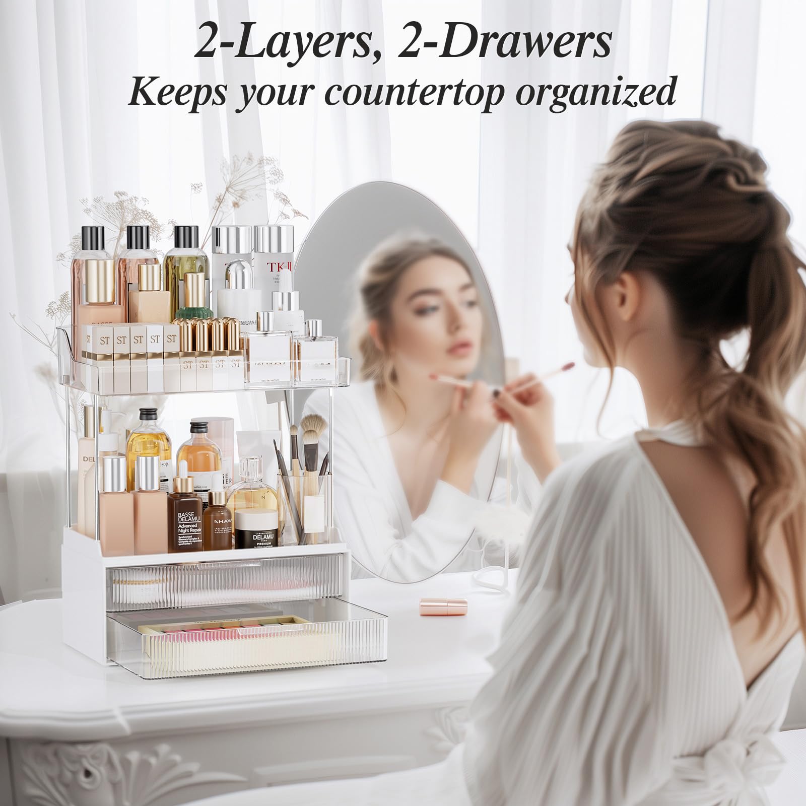 TidyStash Bathroom Counter Organizer, 2-Tier 2-Drawer Makeup Organizer Countertop, Easy to Install, Ideal for Bathroom Storage, Vanity, Perfume, Large Skincare Items, Present, and More, Clear