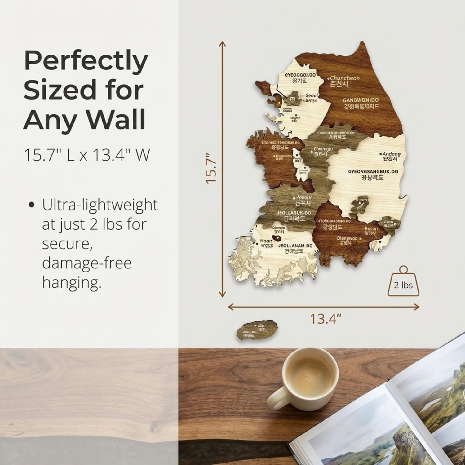 South Korea 3D Wooden Country Map Wall Art Decor for Home, Office & Living Room | South Korea Wood Map for Travel Lovers (15.7" x 13.4" | 40x34 cm) image 3