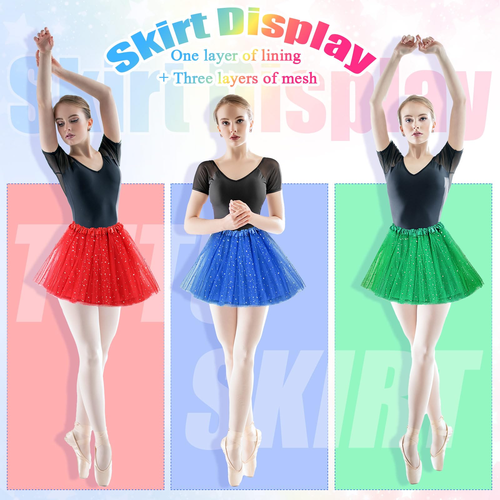 Foaincore 9 Stück Damen Tutu Rock Erwachsene 4 Schichten Tüll Sterne Pailletten Ballett Tanzkleid Paillettenrock