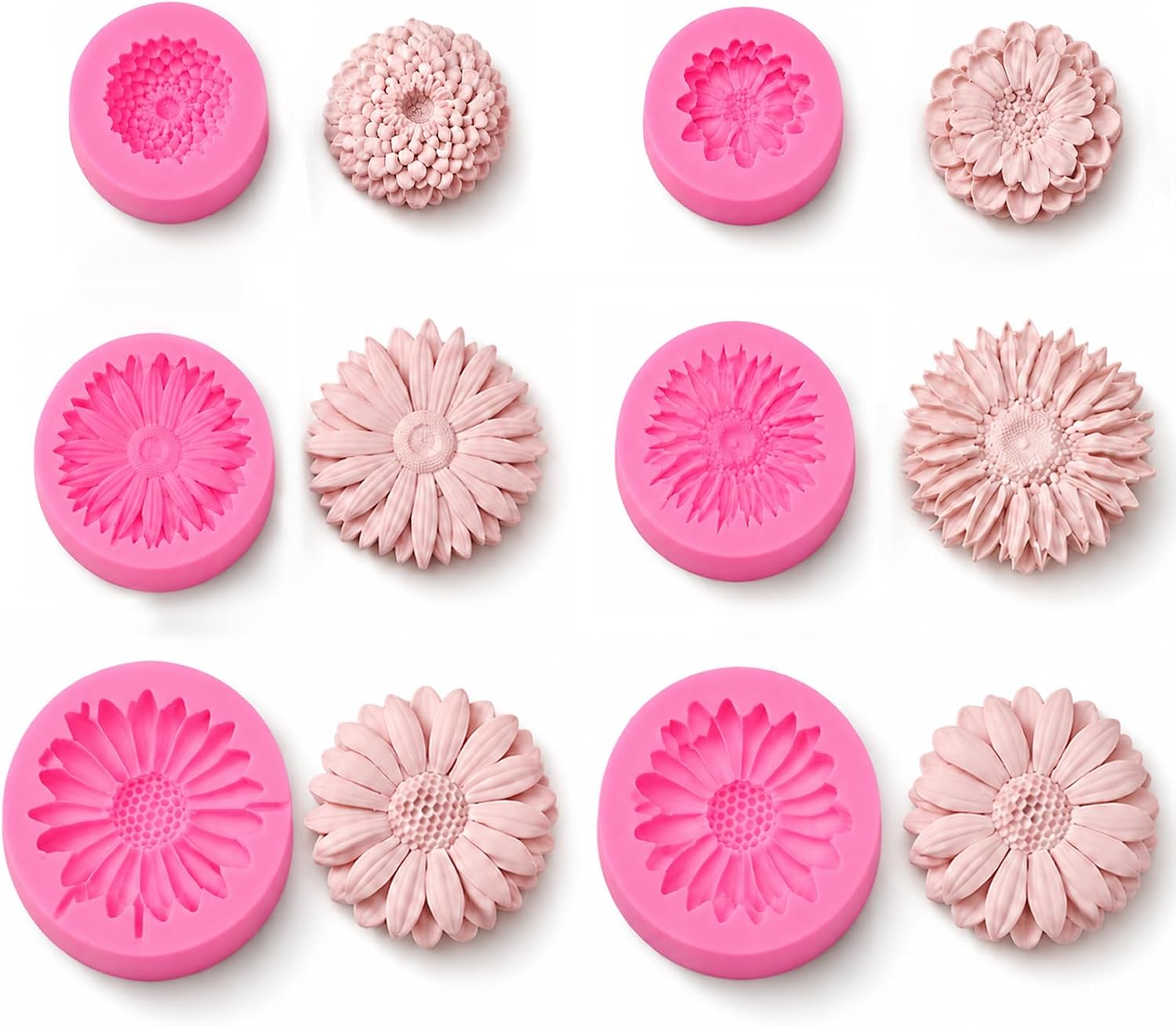 JJUNW Daisy Flower Silicone Mold 6 PCS, 3D Flower Candle Making Mold | for Fondant Chocolate Cupcake Topper Soap Wax Epoxy Resin Concrete Casting Polymer Clay DIY Craft