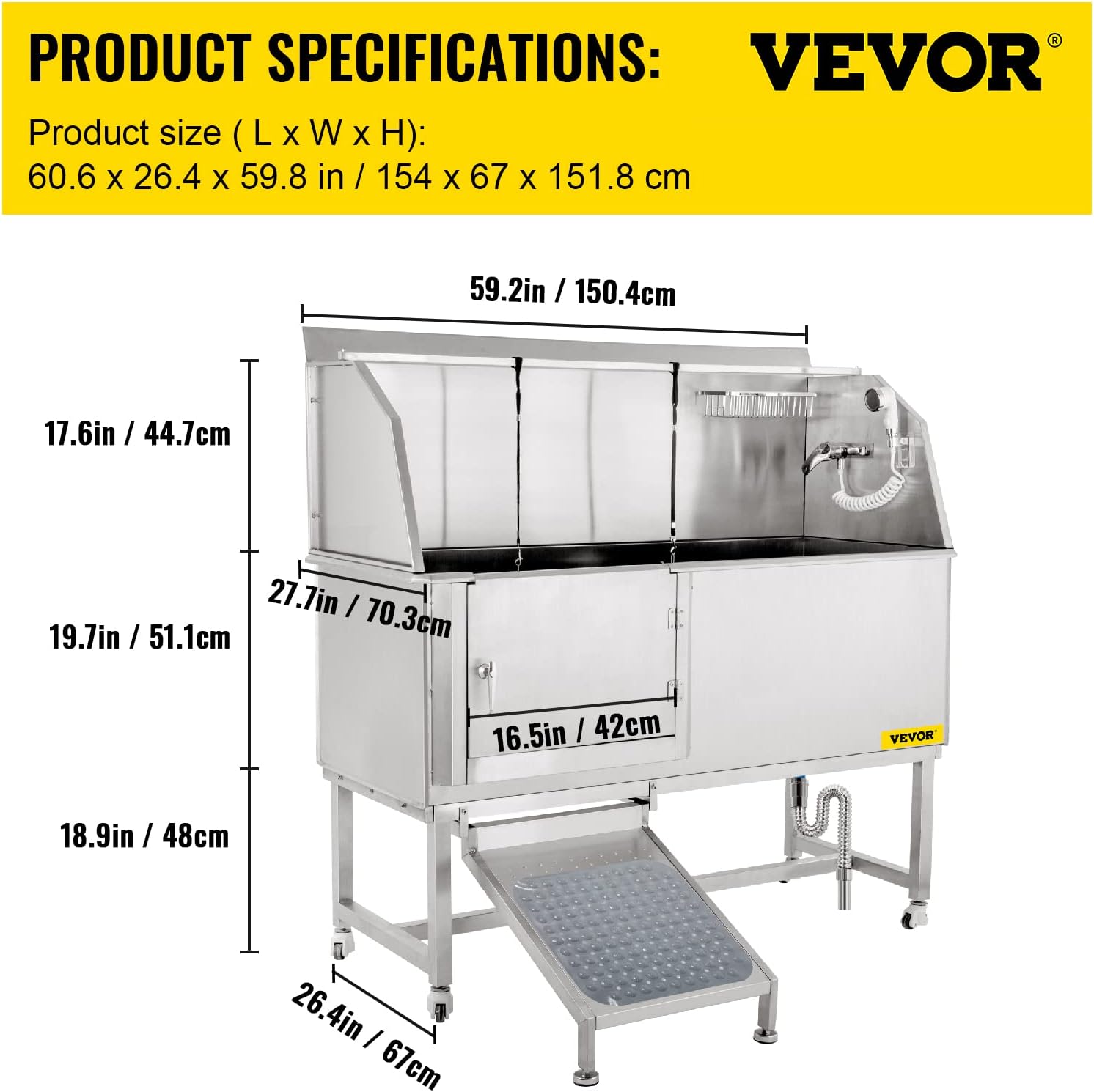 VEVOR Dog Grooming Tub, 62" L Pet Wash Station, 304 Stainless Steel Pet Grooming Tub Rated 661LBS Load Capacity, Non-Skid Dog Washing Station Comes with Ramp, Faucet, Sprayer and Drain Kit