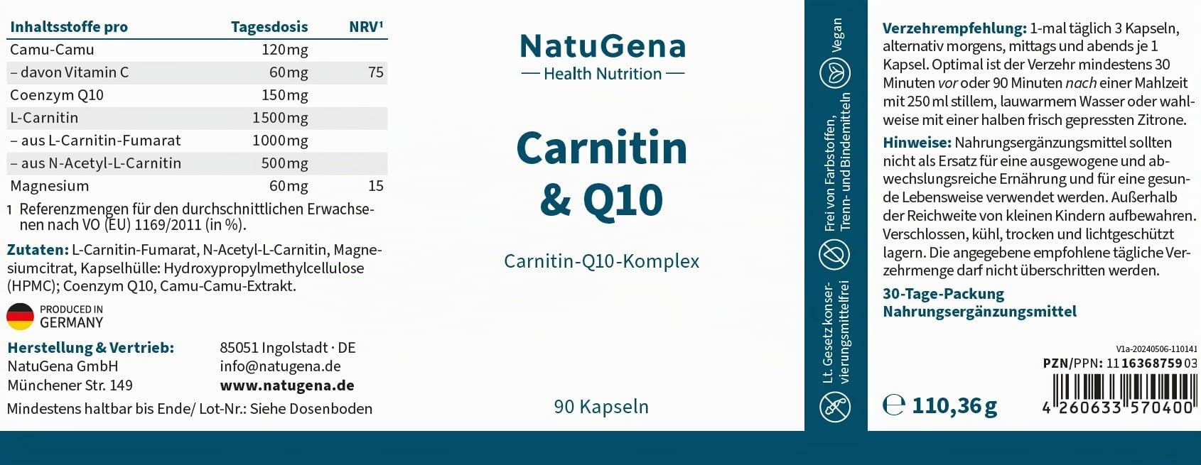 NatuGena Carnitin & Q10, L-Carnitin, fördert die Muskelfunktion und Energeistoffwechsel, 90 Kapseln (1 Monats Packung)