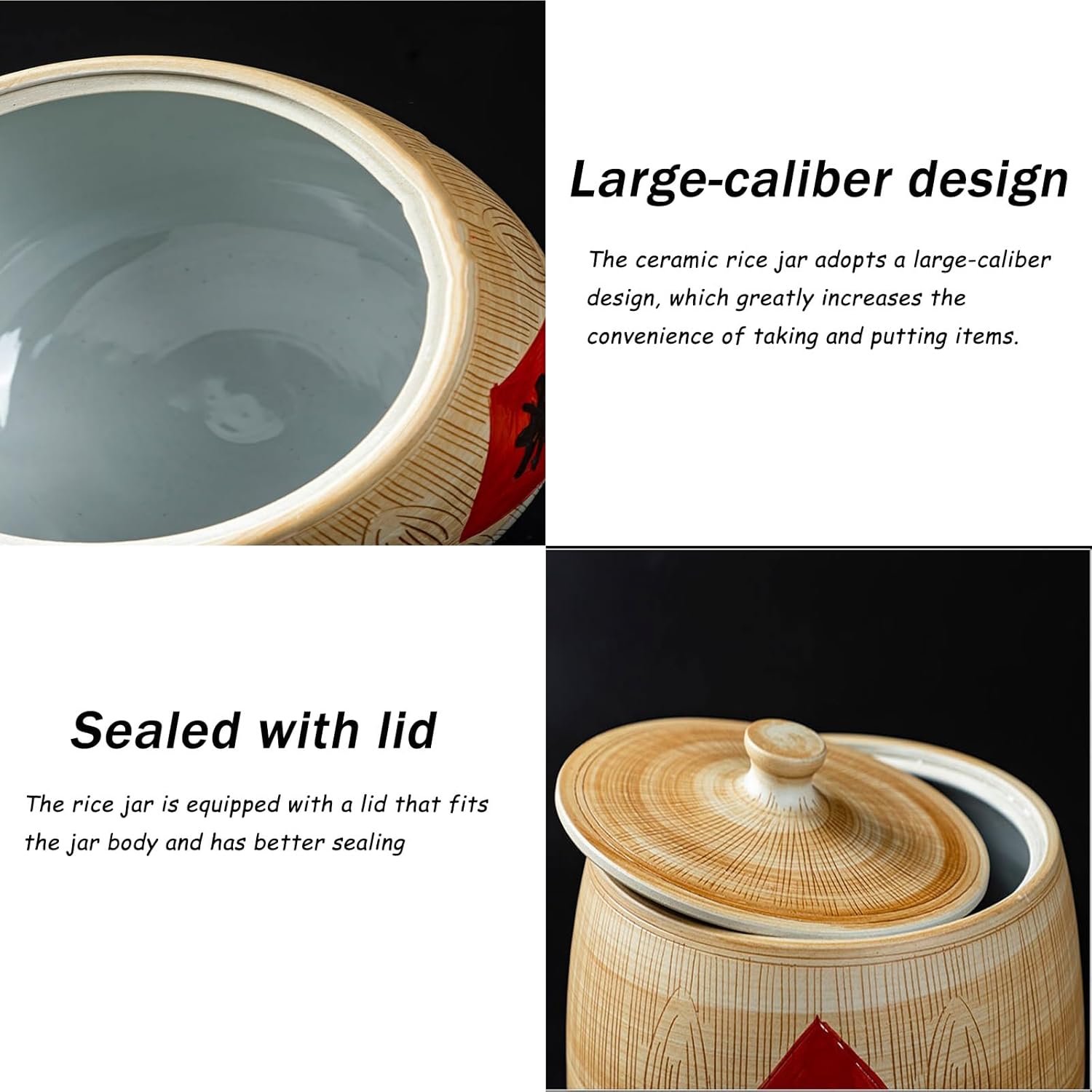 Ceramic Rice Storage Containe, Grain Jar with Lid Sealed Rice Storage Jar, Household Kitchen Rice Cylinder Medicinal Material Jar, Chinese Sealed Storage Jars