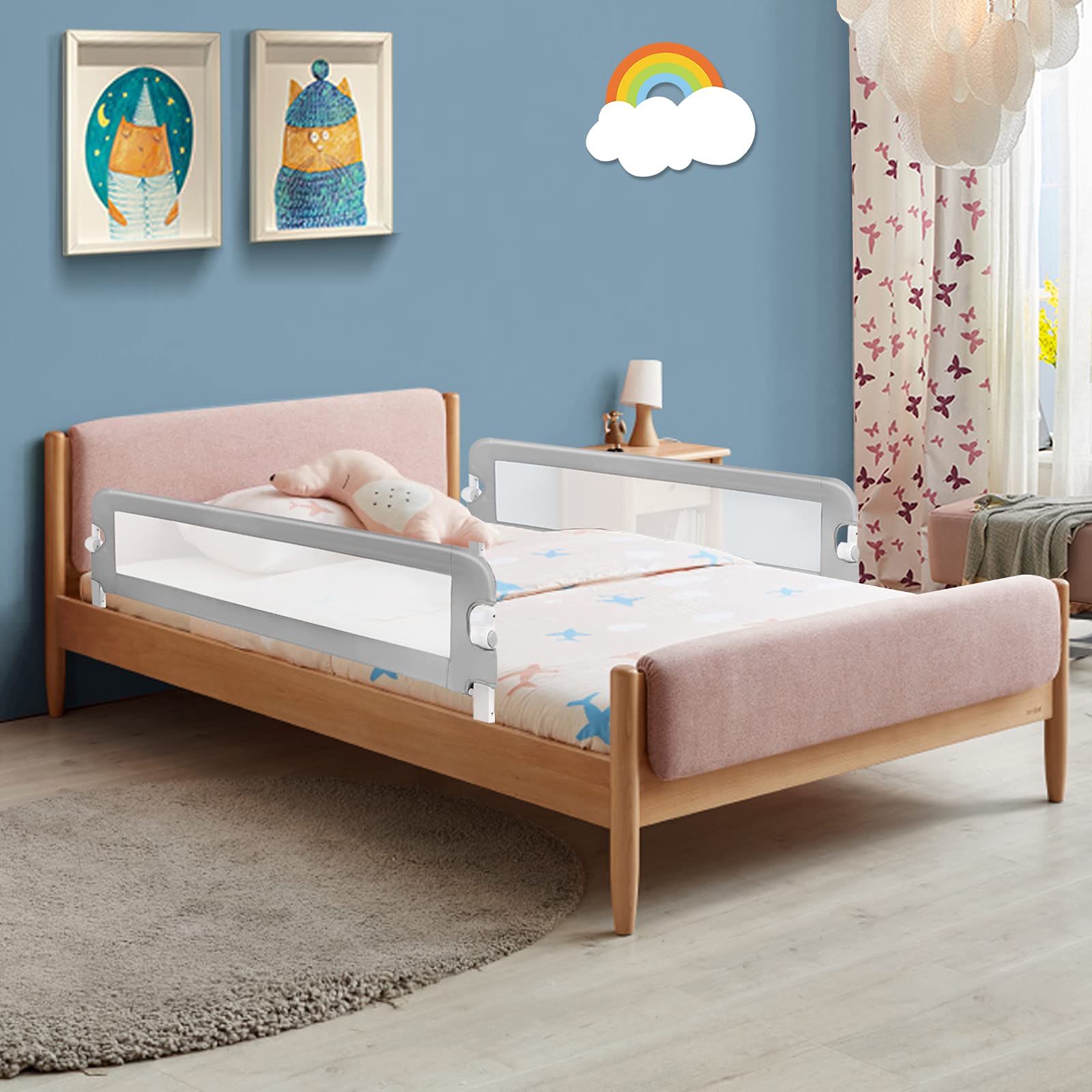 GYMAX Sponda del Letto per Bambini, Paracolpi Barriera di Sicurezza Pieghevole per Lettino, Letto Singolo Matrimoniale Queen King (Grigio, 105 x 38 x 43 cm)