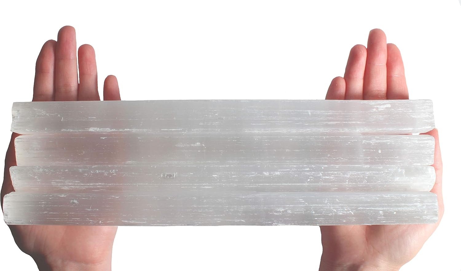 4 Pack Large Selenite Crystal Sticks - 10-12" Inch Selenite Wand - Charging Plate, Cleansing, Protection, Chakra Balancing, Healing Natural Stone, Positive Energy, Large Raw Rough Wand