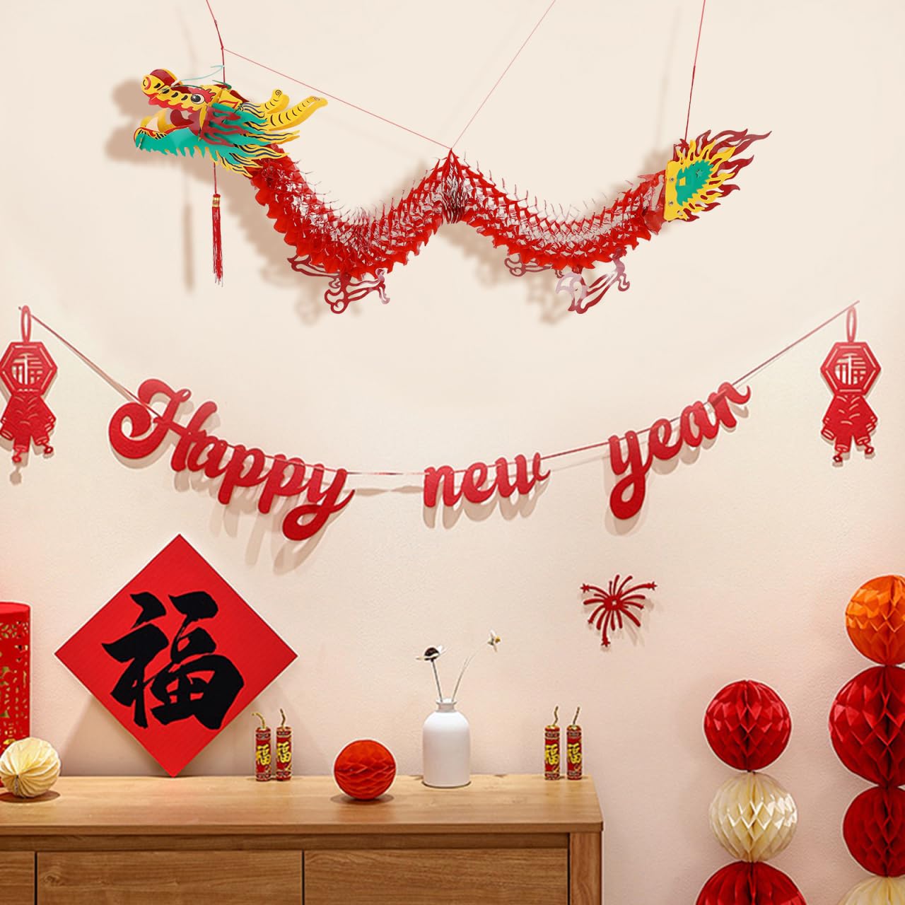 Ghirlanda Di Drago Cinese 3D - Lanterna Decorativa Da Appendere In Plastica - 1,5 Metri - Rossa Per Capodanno Cinese, Natale E Feste Primaverili - 4