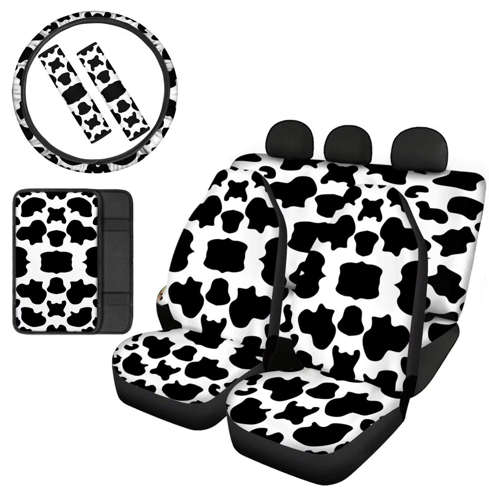 AFPANQZ Cow Print 8 Packs Set Car Seat Covers Protection with Steering Wheel Cover 14 15" Car Seat Accessories Seatbelt Shoulder Pads and Center Console Cushion Decor Women Men Black White