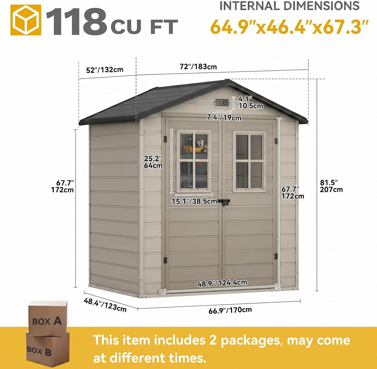 DWVO 6x4.4 FT Outdoor Storage Shed, Plastic Garden Tool Shed with 2 Windows, Double-Wall Outside Shed for Lawn Mower, Garden Tool for Backyard Patio, Lockable, Greige&Gray