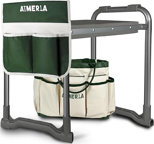 Aimerla Asiento plegable de jardín resistente almohadilla gruesa mejorada para arrodillar Taburete de jardinería con grandes bolsas de herramientas