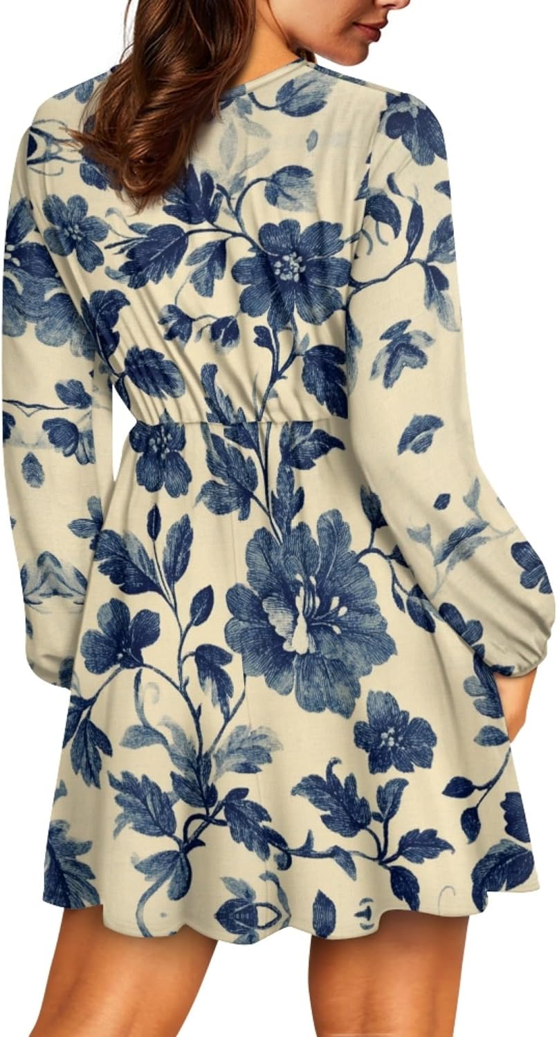 Lantern Sleeve Dress for Women Floral 2025 Fashion Empire Waist Swing Flowy Ruffle V Neck A Line Holiday Mini Dress - Image 4