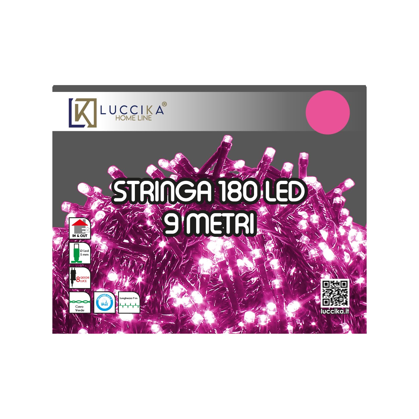 Luci LED Natalizie da Esterno/Interno, 5mm, Cavo Verde, 8 Modalità, Controller 31V con Memoria, IP44 (Rosa, 9M 180LED)