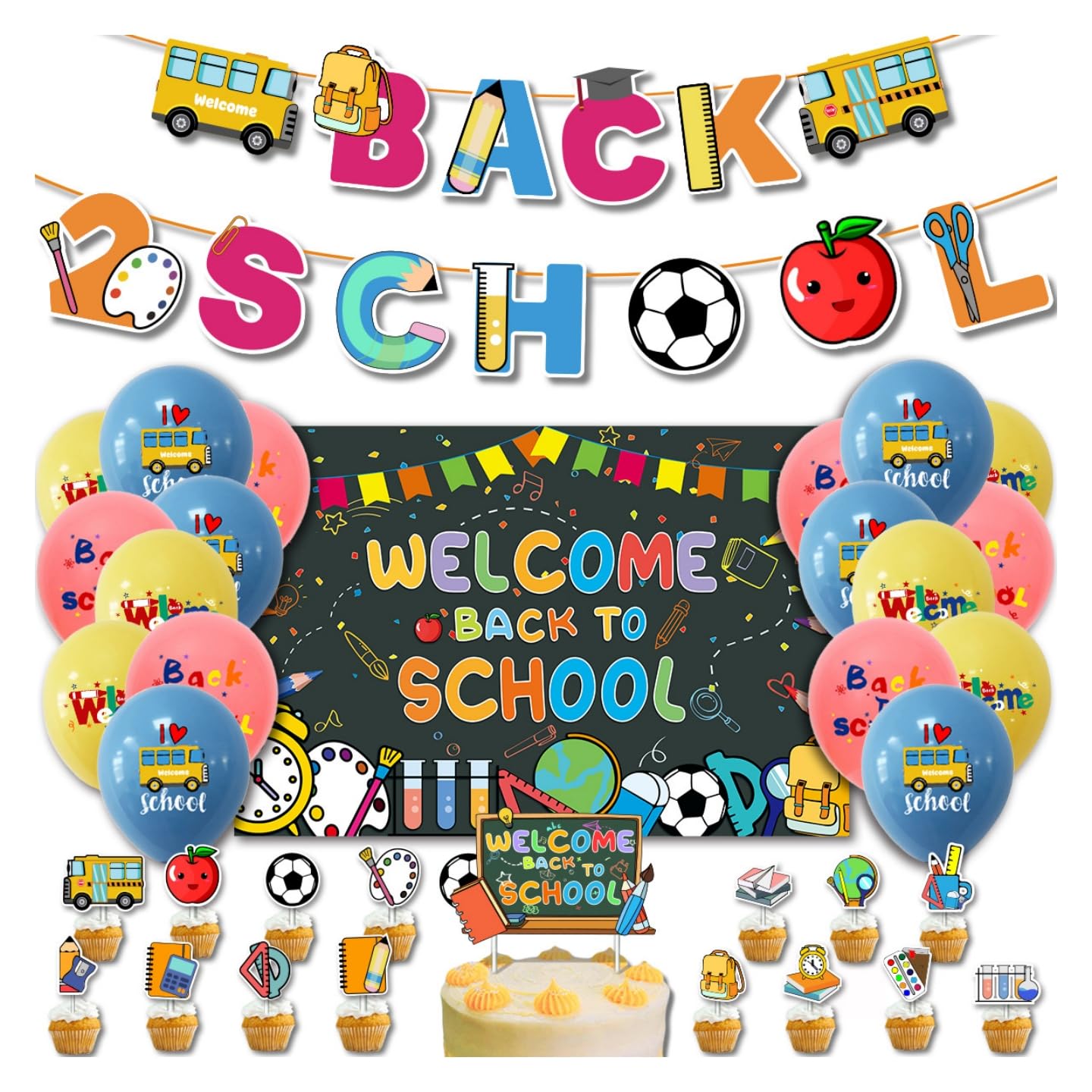 Back to School Decorations 60PCS Back to School Party Decorations with Welcome Back Banner Balloons Cupcake For Kids First Day of School Classroom Welcome Back to School Party Supplies Favors