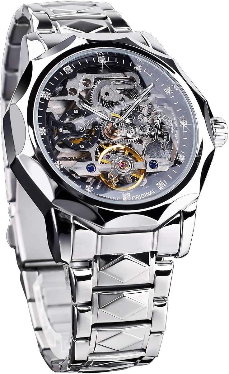 FORSINING Men's Skeleton Automatic Mechanical Watch with Diamond-Cut 12-Sided Bezel & Exposed Gears & Tourbillon Design, Unique Rhombus-Link Stainless Steel Bracelet Self-Wind Wristwatch