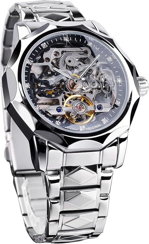 FORSINING Men's Skeleton Automatic Mechanical Watch with Diamond-Cut 12-Sided Bezel & Exposed Gears & Tourbillon Design, Unique Rhombus-Link Stainless Steel Bracelet Self-Wind Wristwatch