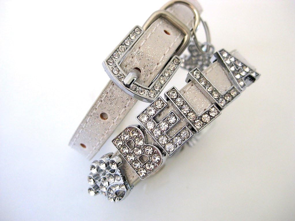 House of Furbaby Extra Small Dog Collar | Personalized Dog Collar | The Sparkles | Chihuahua Collar | Platinum w/Leash- XS