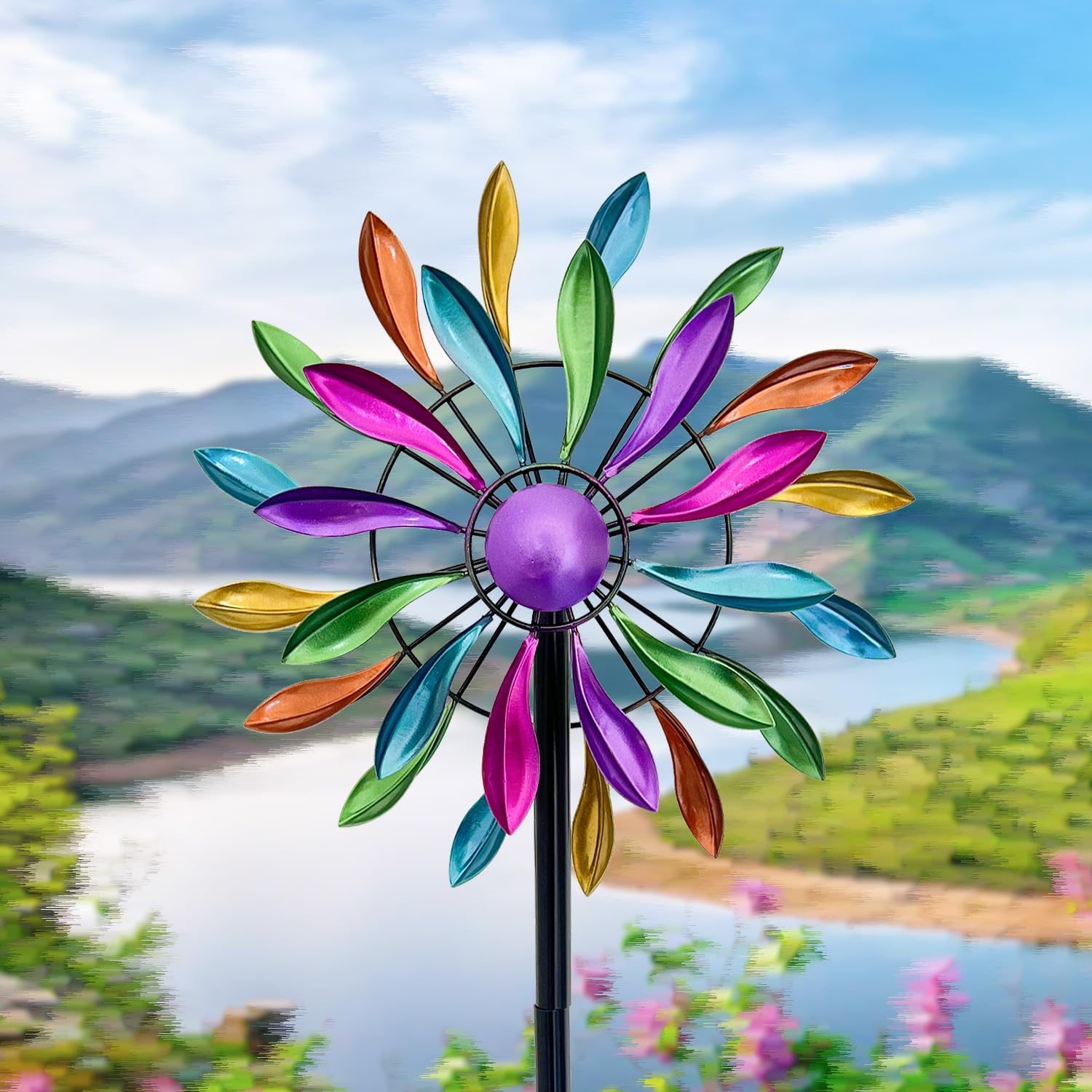 Wind Spinners Outdoor Metal, 360° Kinetic Wind Spinner with Stake, Metal Garden Yard Patio Lawn Windmill Decor (12.6" Dia, 56.7" H, Rainbow Petal)