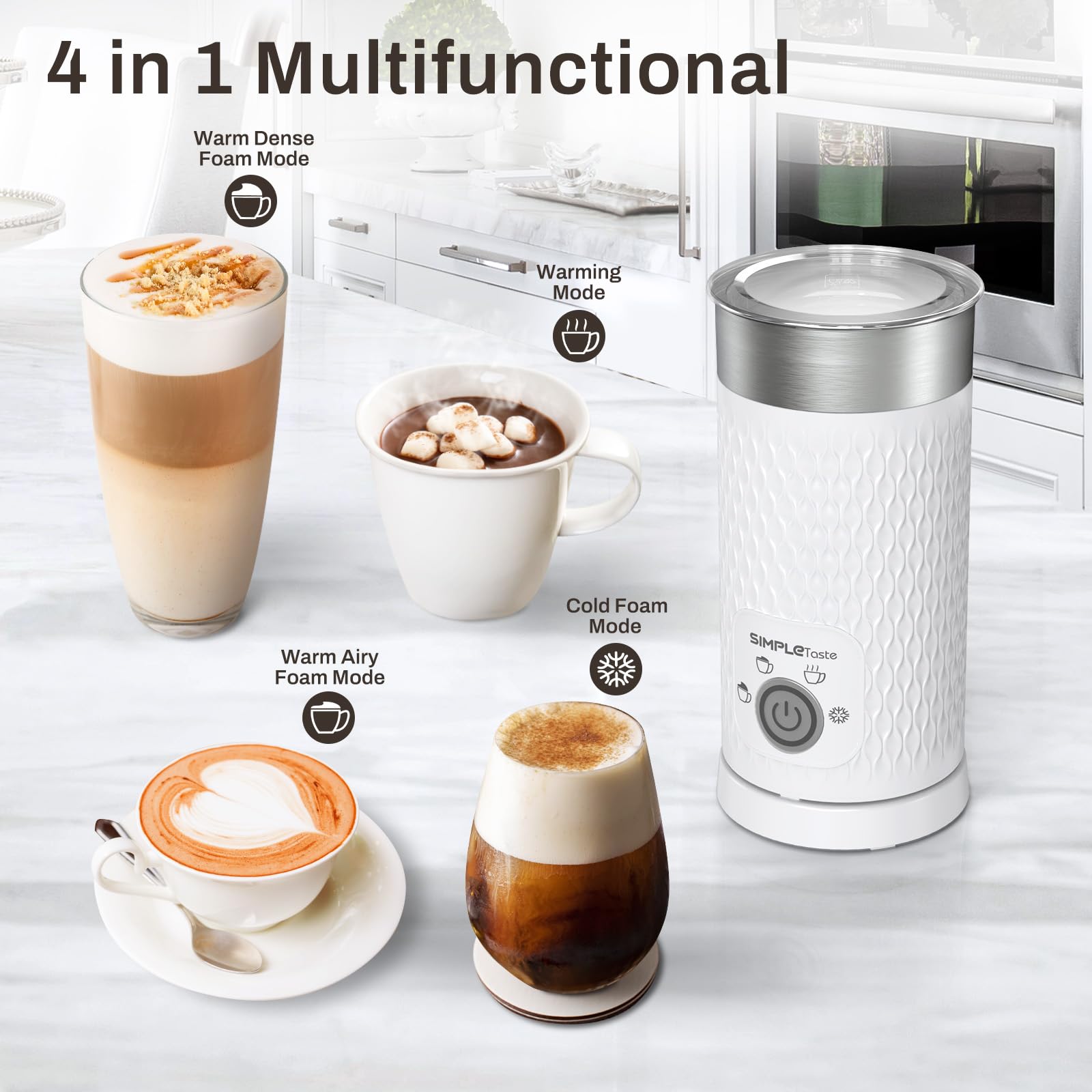 SIMPLETASTE Montalatte Elettrico 4 in 1, Cappuccinatore Elettrico per Schiumare Latte Caldo e Freddo, Riscaldare Latte e Preparare Cioccolata Calda, Ideale per Fare Latte, Macchiato e Cappuccino